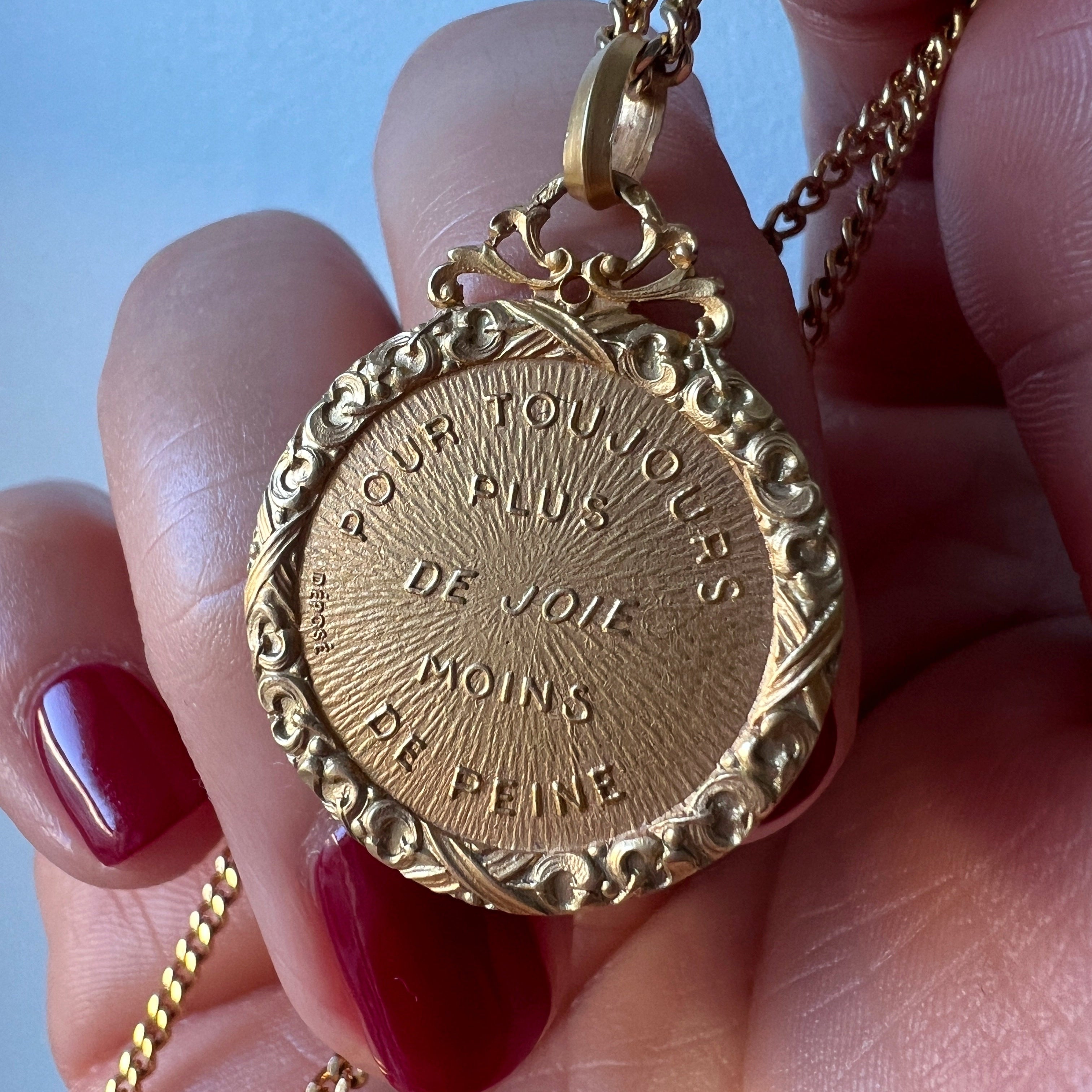 French antique 18K gold “For always more joy and less pain” medal pendant