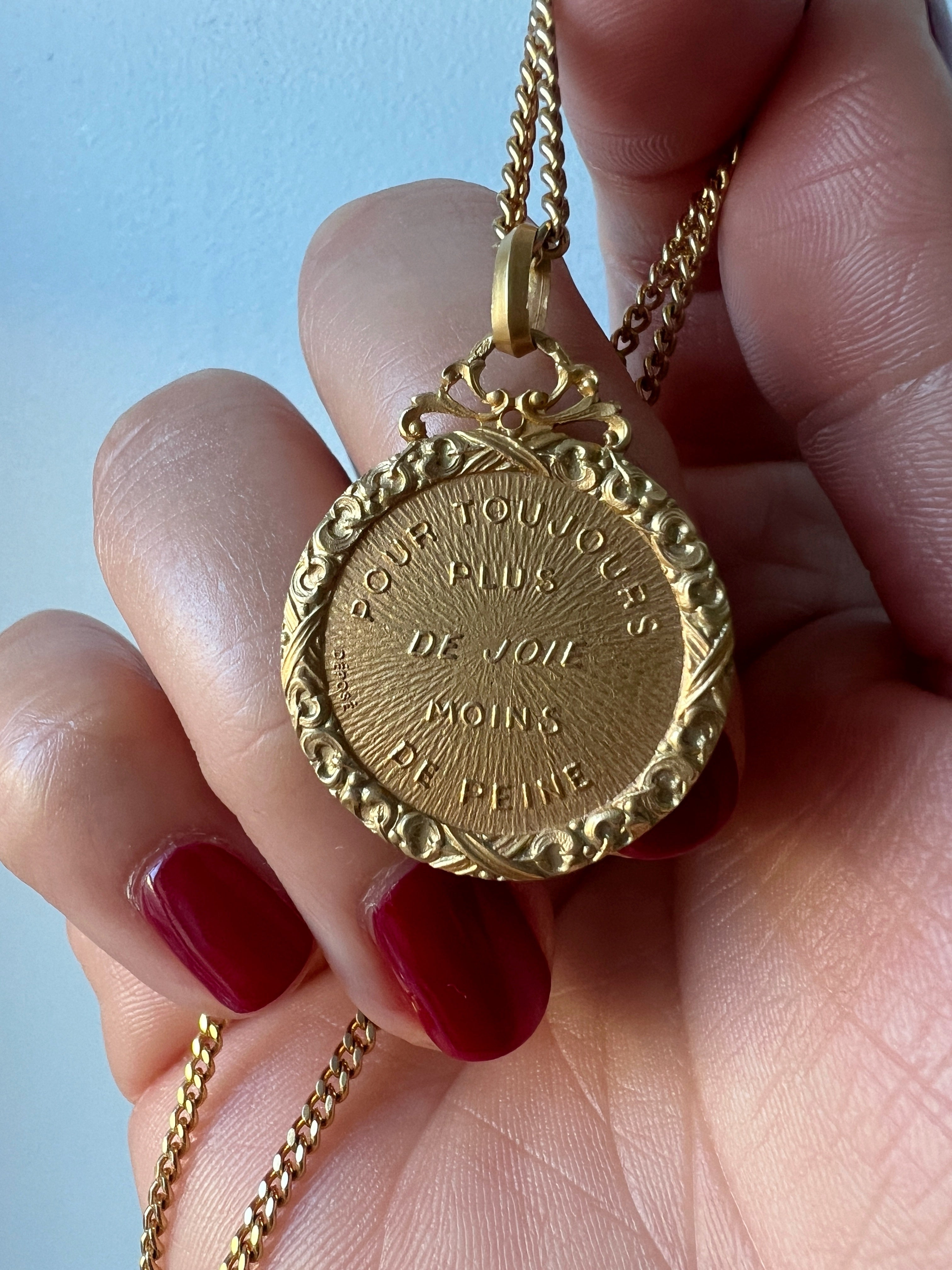 French antique 18K gold “For always more joy and less pain” medal pendant