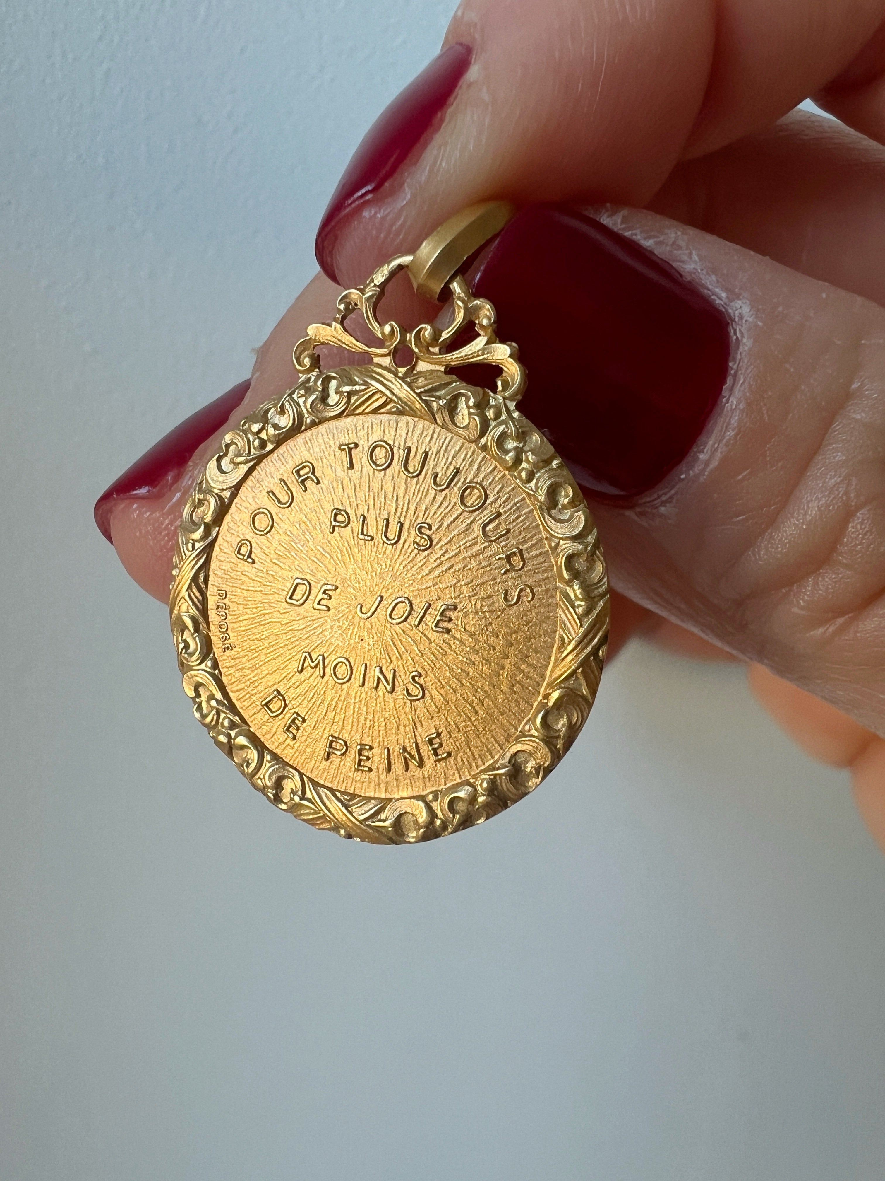 French antique 18K gold “For always more joy and less pain” medal pendant