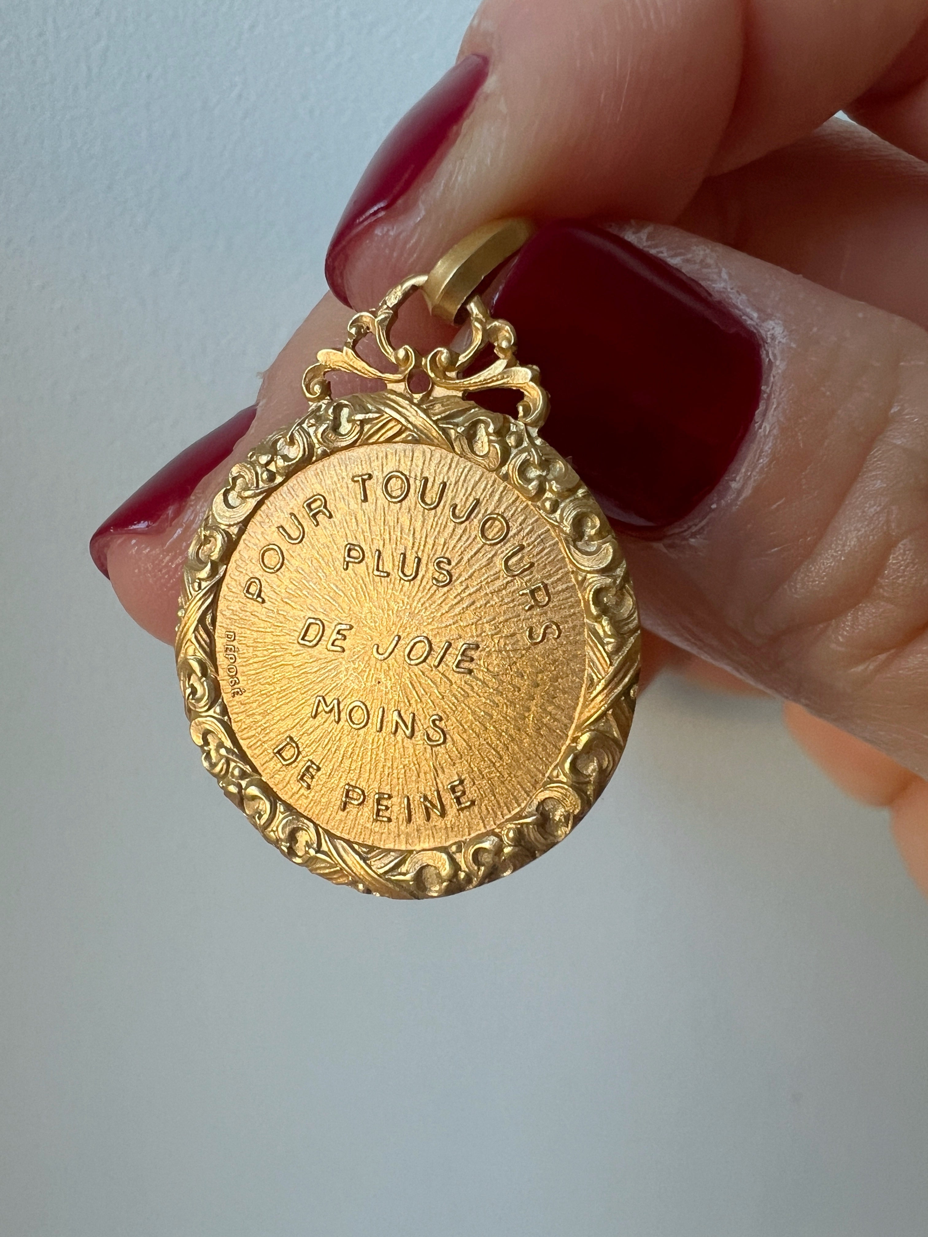 French antique 18K gold “For always more joy and less pain” medal pendant