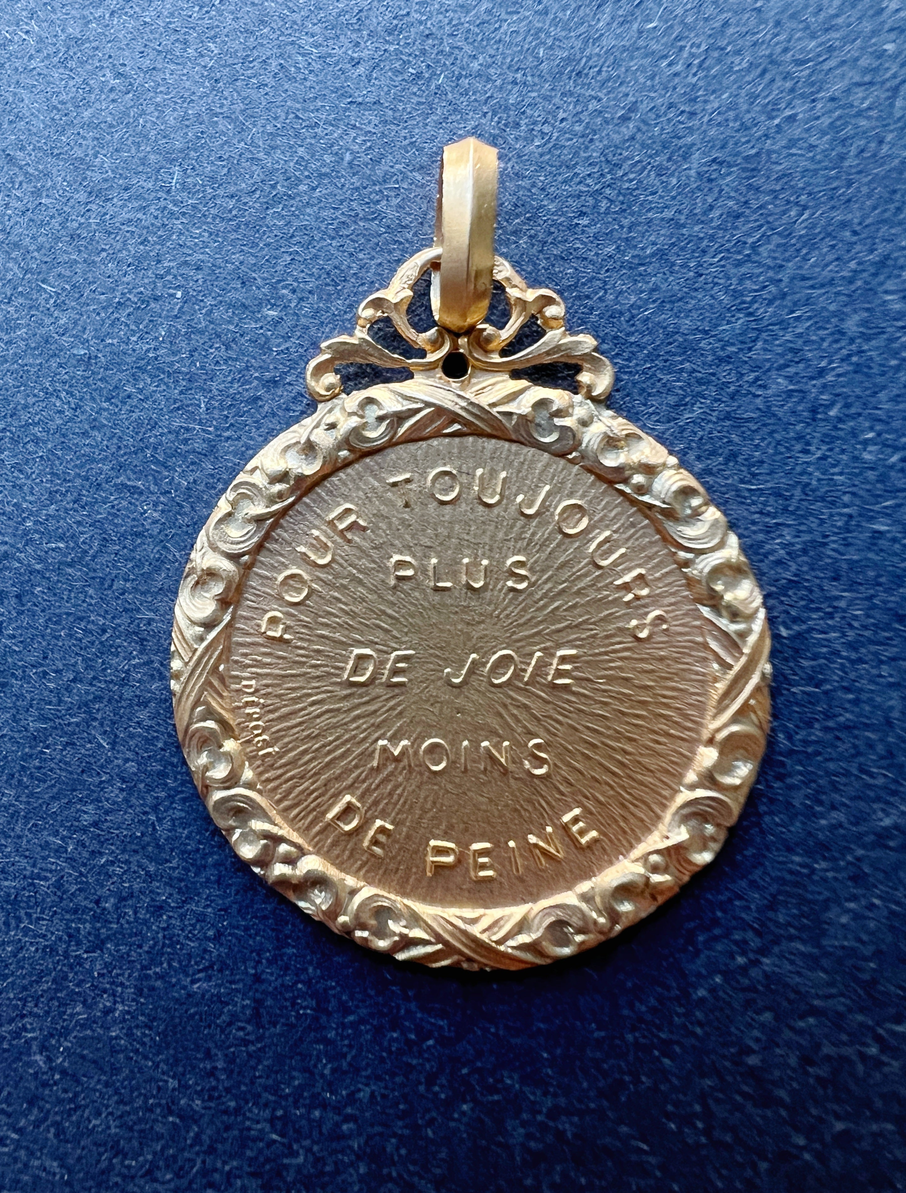 French antique 18K gold “For always more joy and less pain” medal pendant