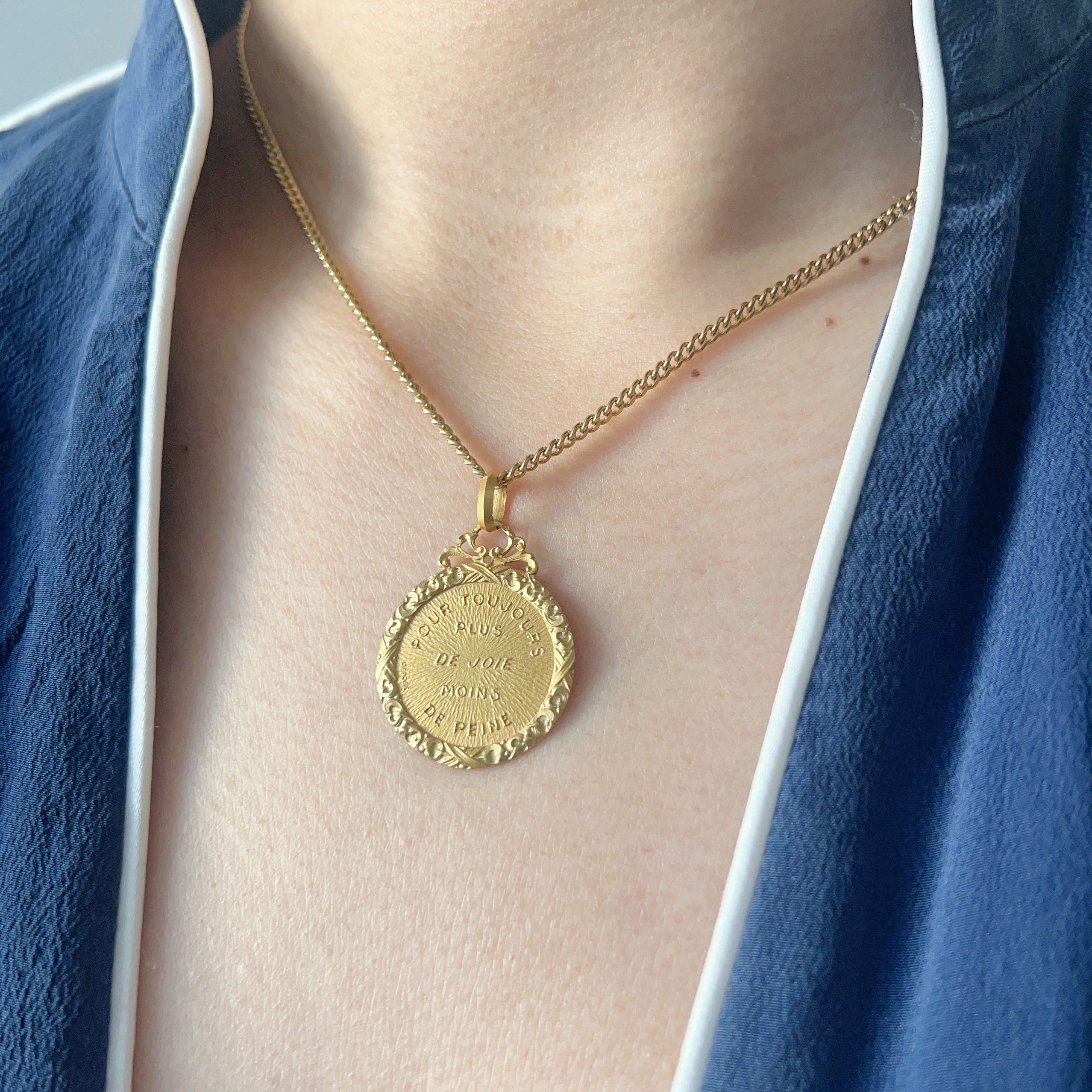 French antique 18K gold “For always more joy and less pain” medal pendant