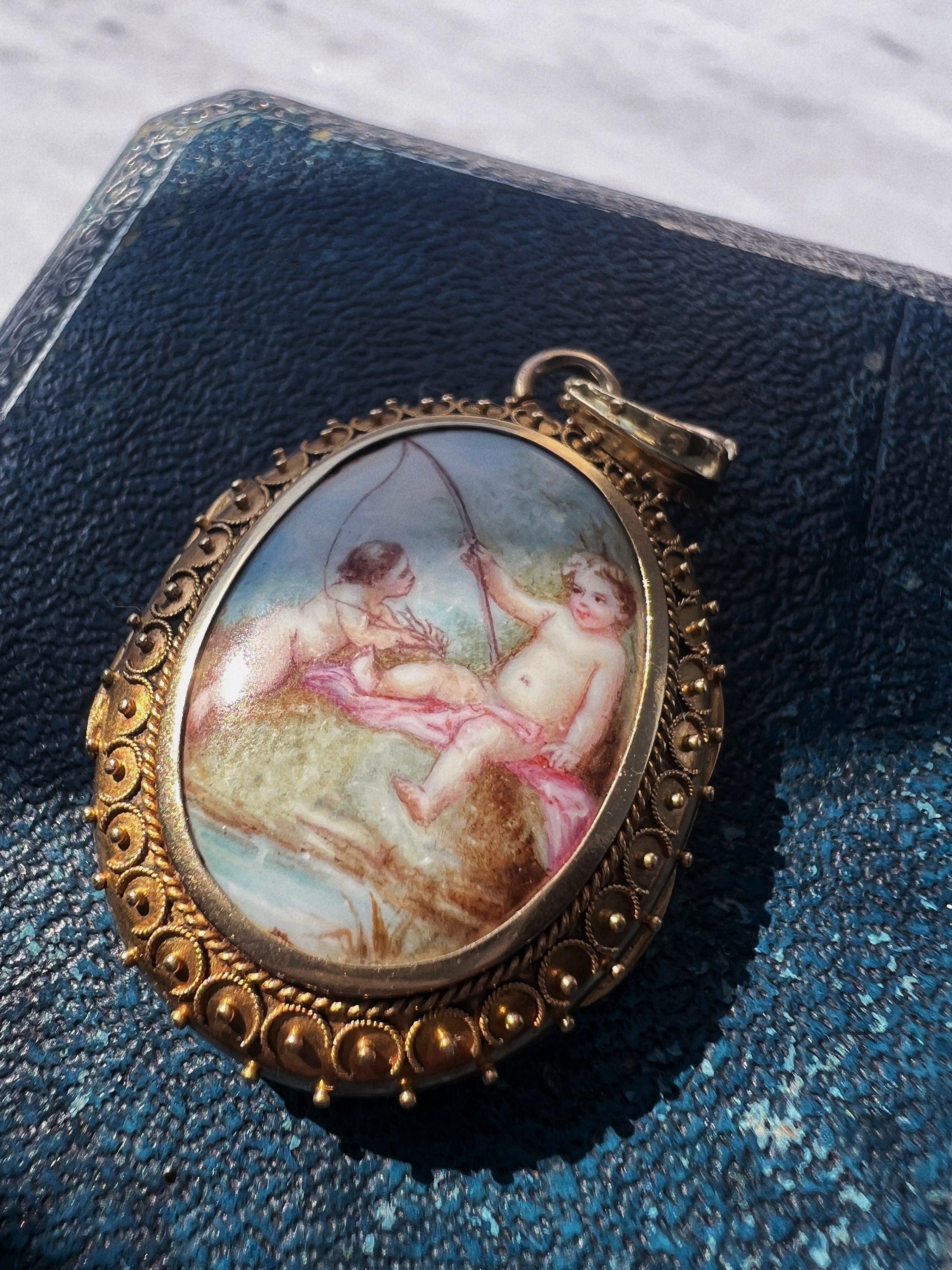 Reserved for A - Victorian era 18K gold enamel cherubs photo locket pendant - Curiously timeless