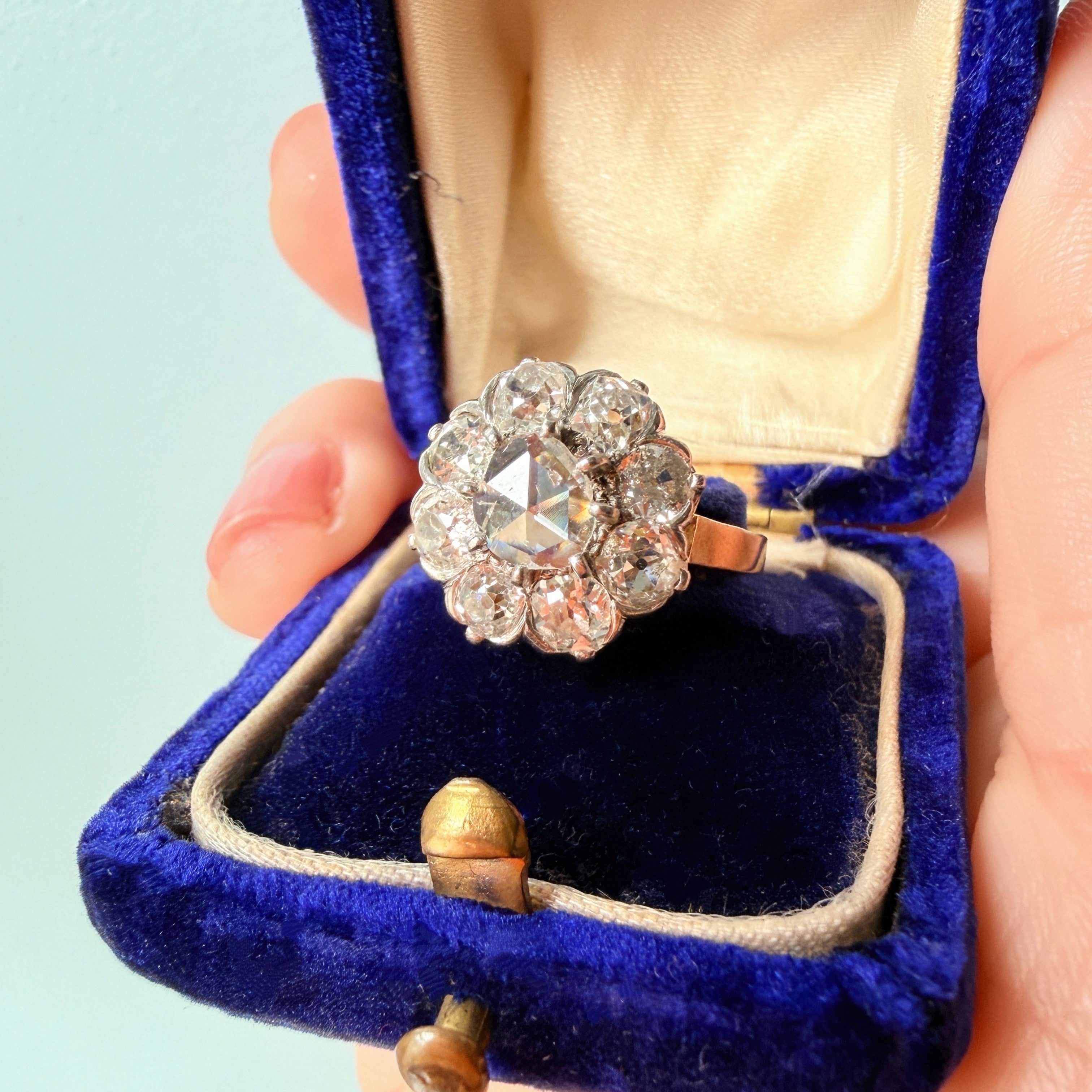 Antique French 18K gold rose & OMC cut diamond cluster ring