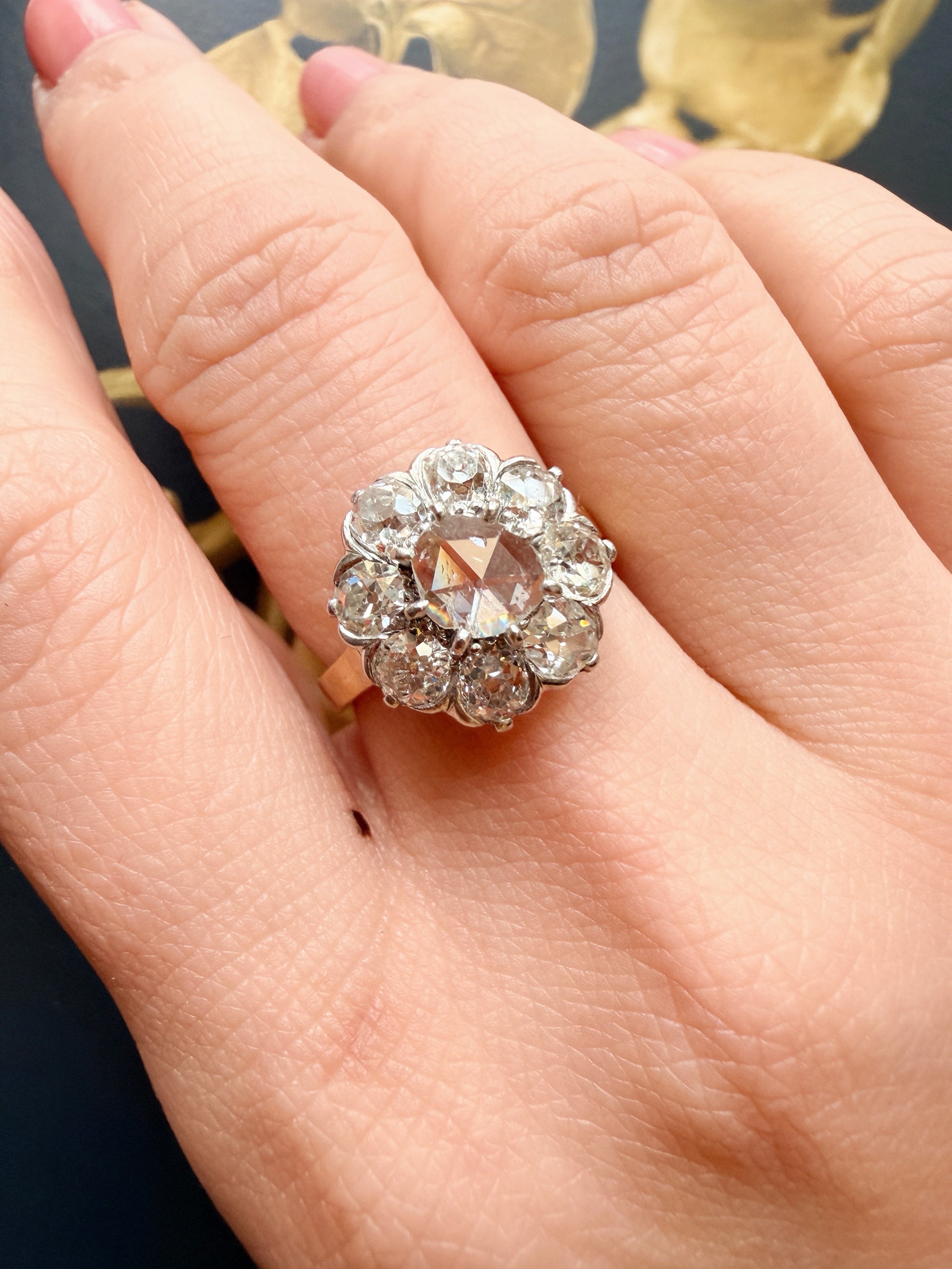 Antique French 18K gold rose & OMC cut diamond cluster ring