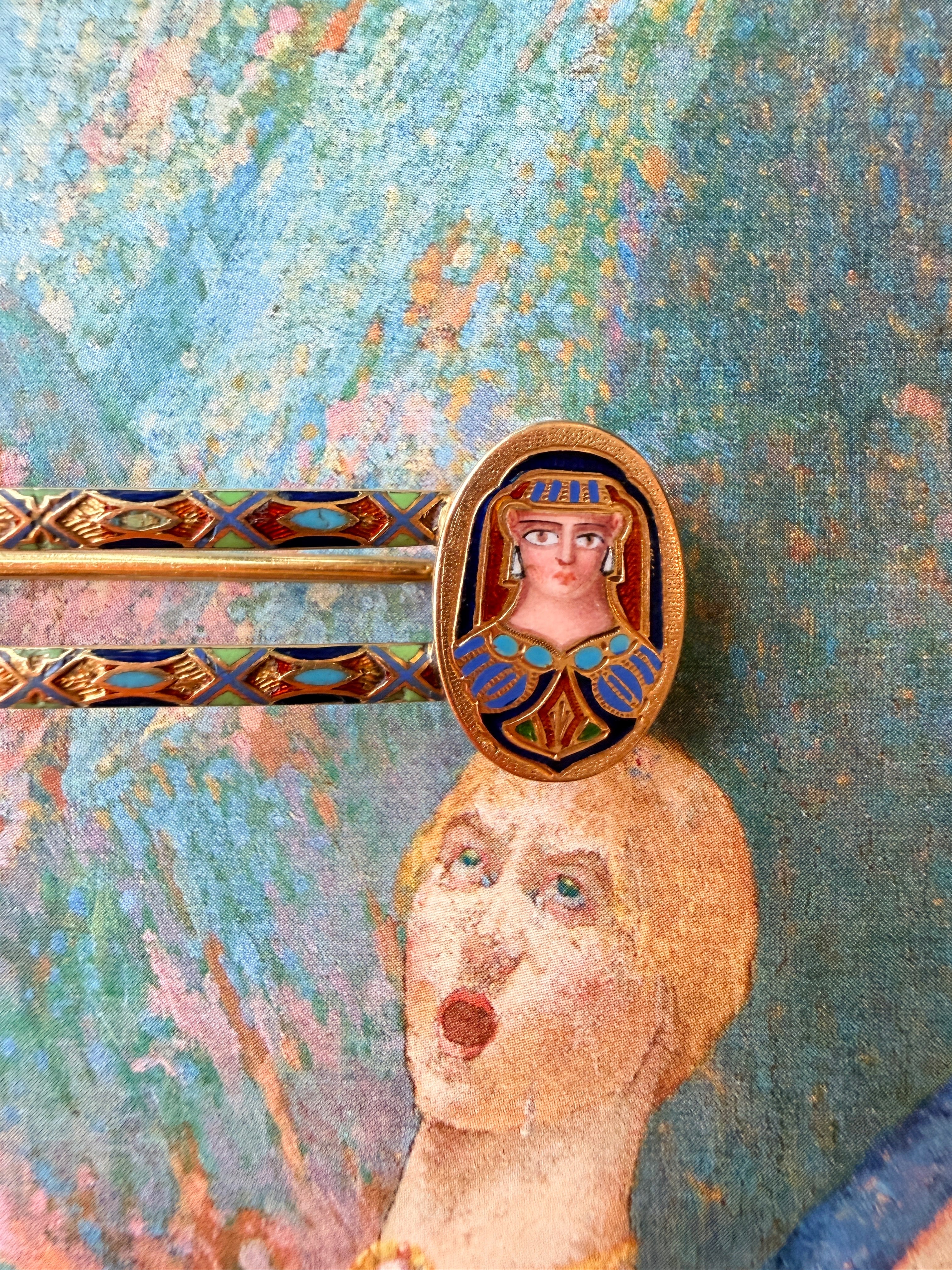 Antique French 18K gold Egyptian revival enamel brooch
