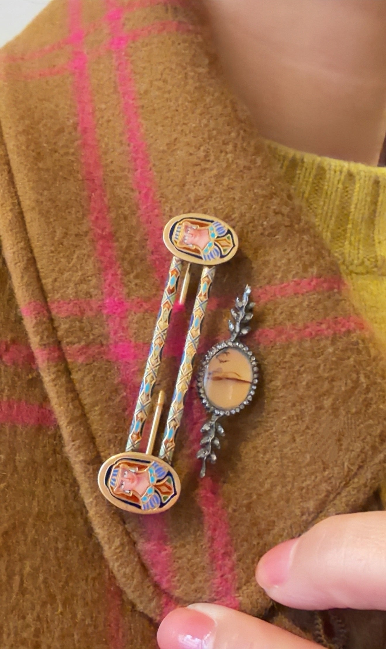 Antique French 18K gold Egyptian revival enamel brooch