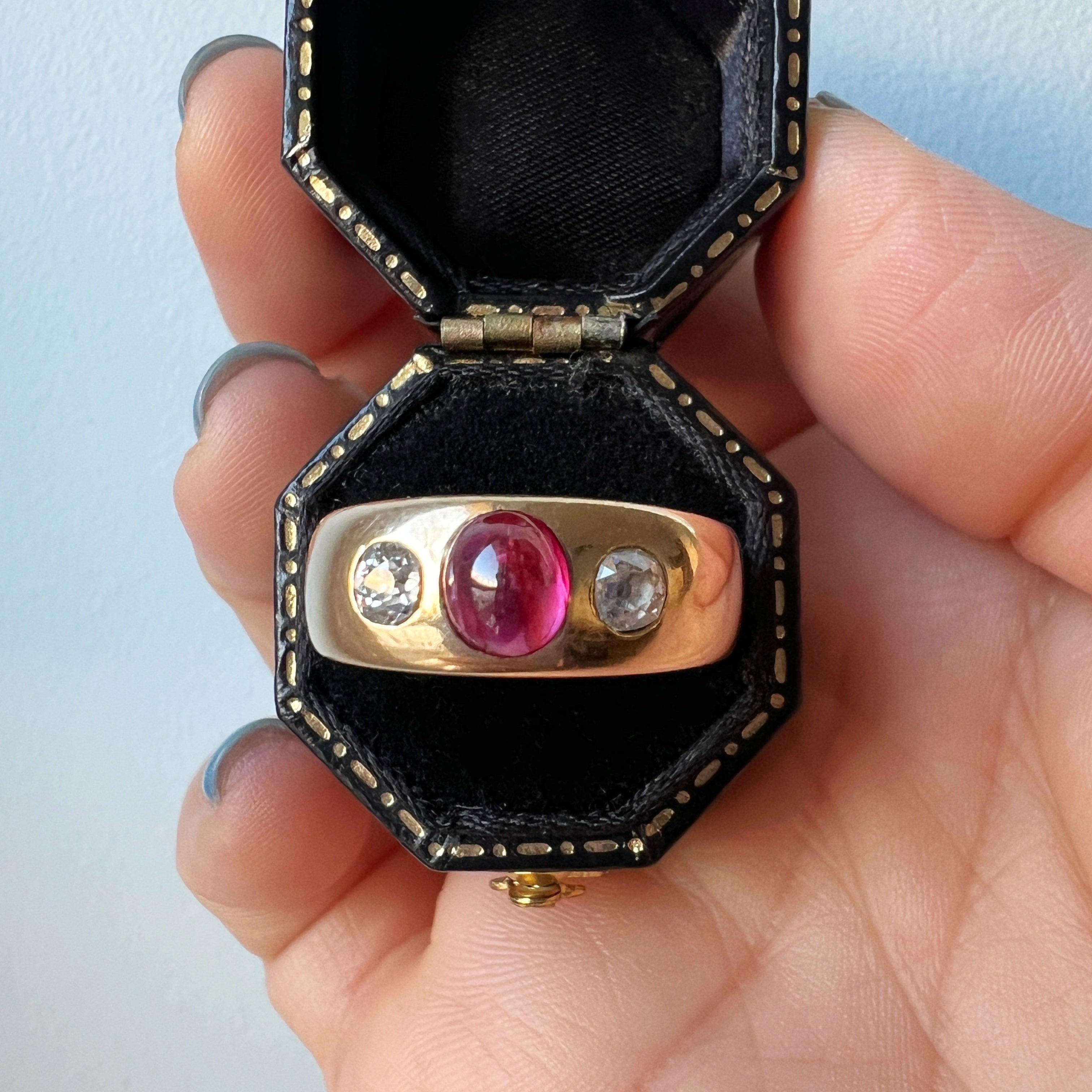 Antique 14K gold pink sapphire diamond three stone gypsy ring - Curiously timeless