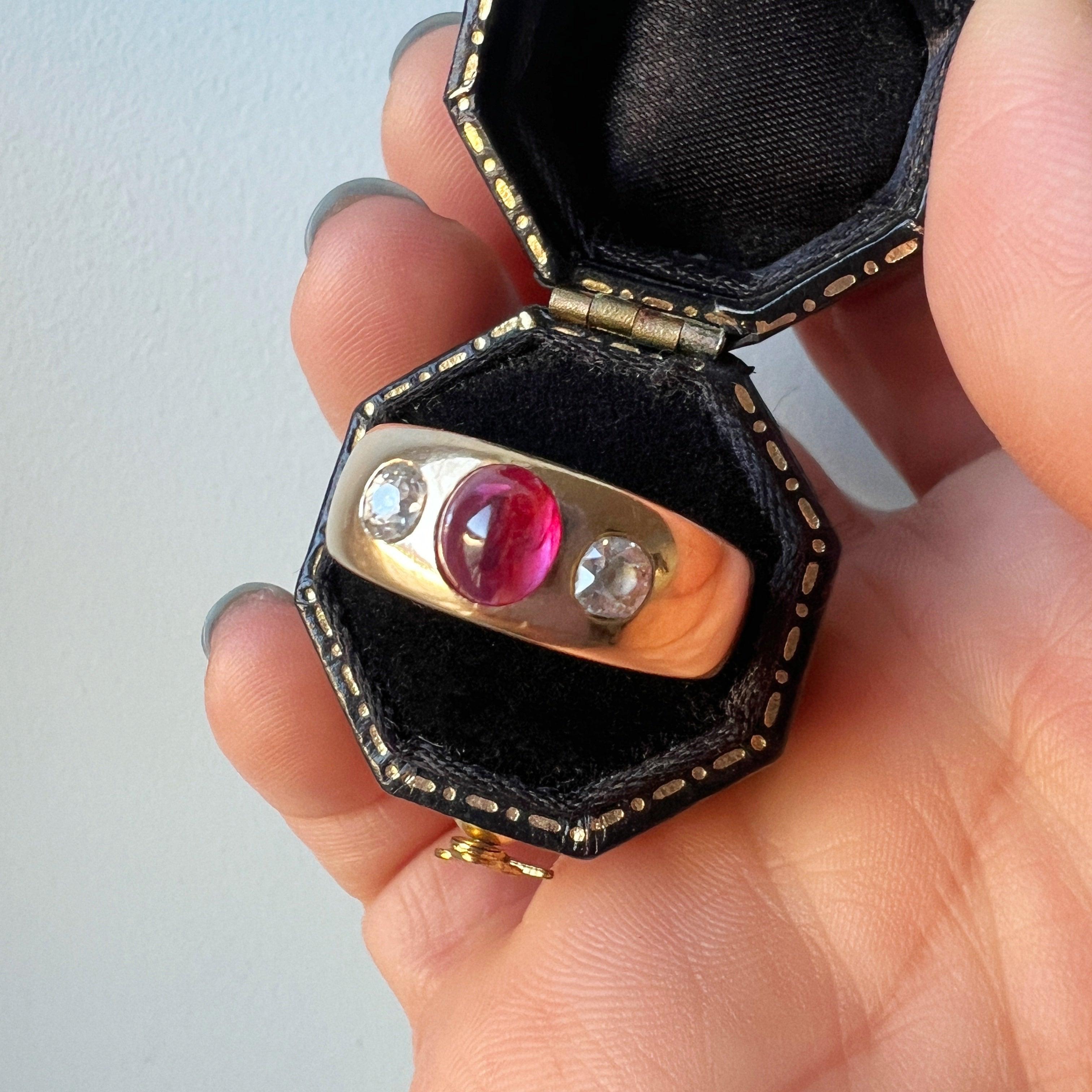 Antique 14K gold pink sapphire diamond three stone gypsy ring - Curiously timeless