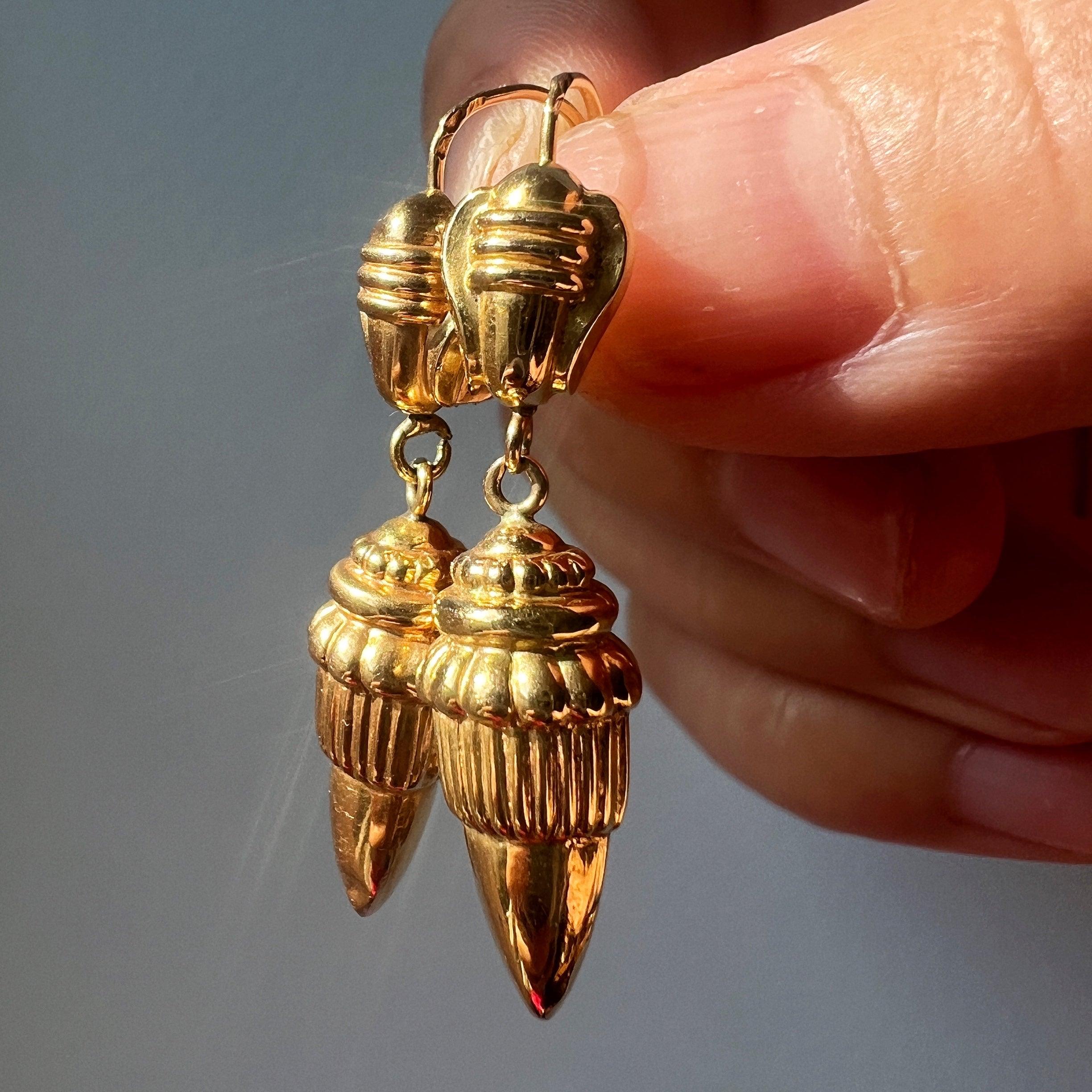 Antique 18K gold archaeological revival style acorn drop earrings - Curiously timeless