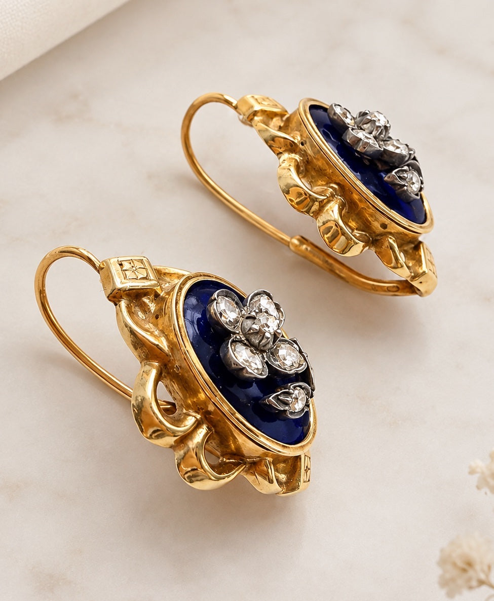 Victorian 18K Gold blue enamel diamond flower earrings