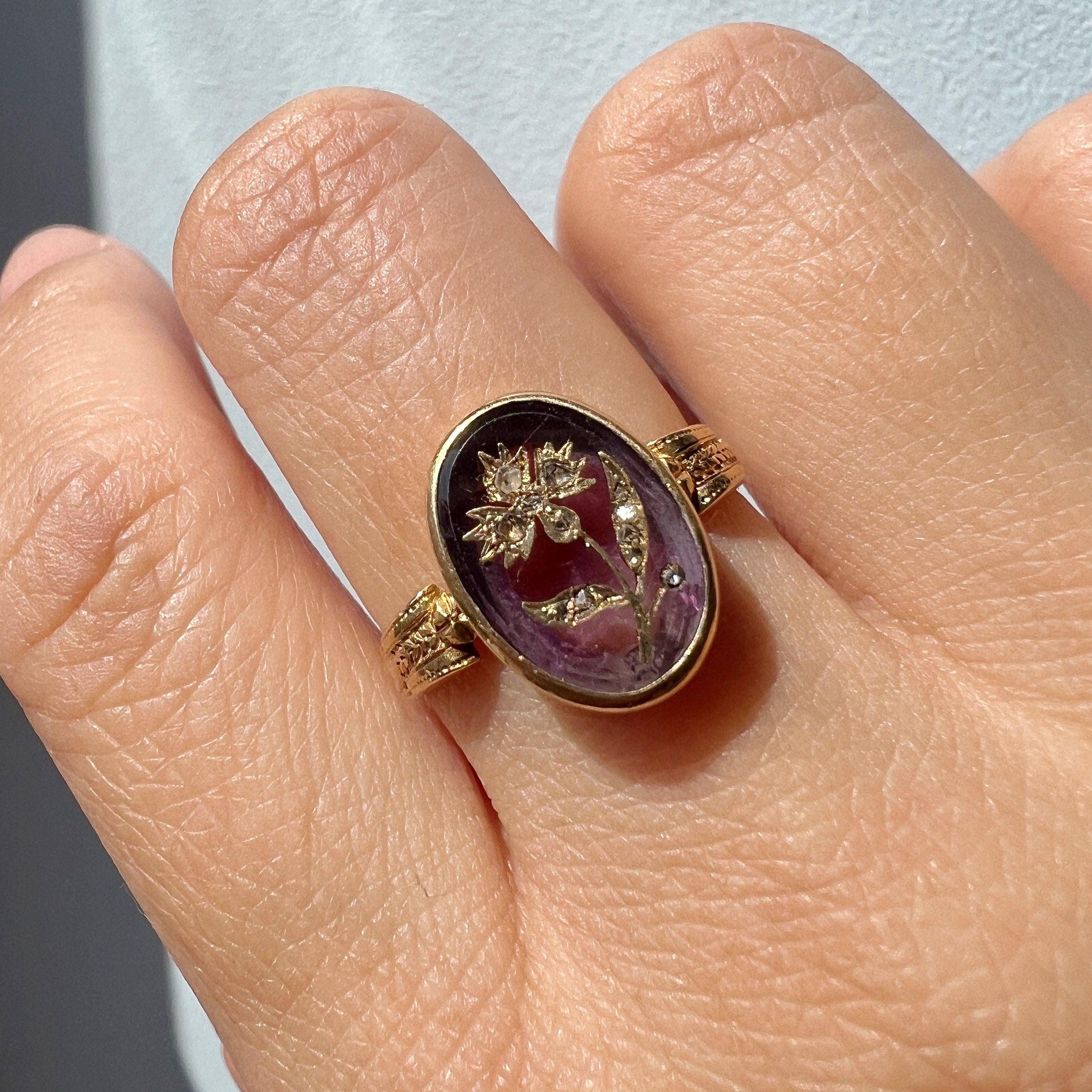 Rare Victorian era 18K gold amethyst diamond "Rose of Sharon" flower ring - Curiously timeless