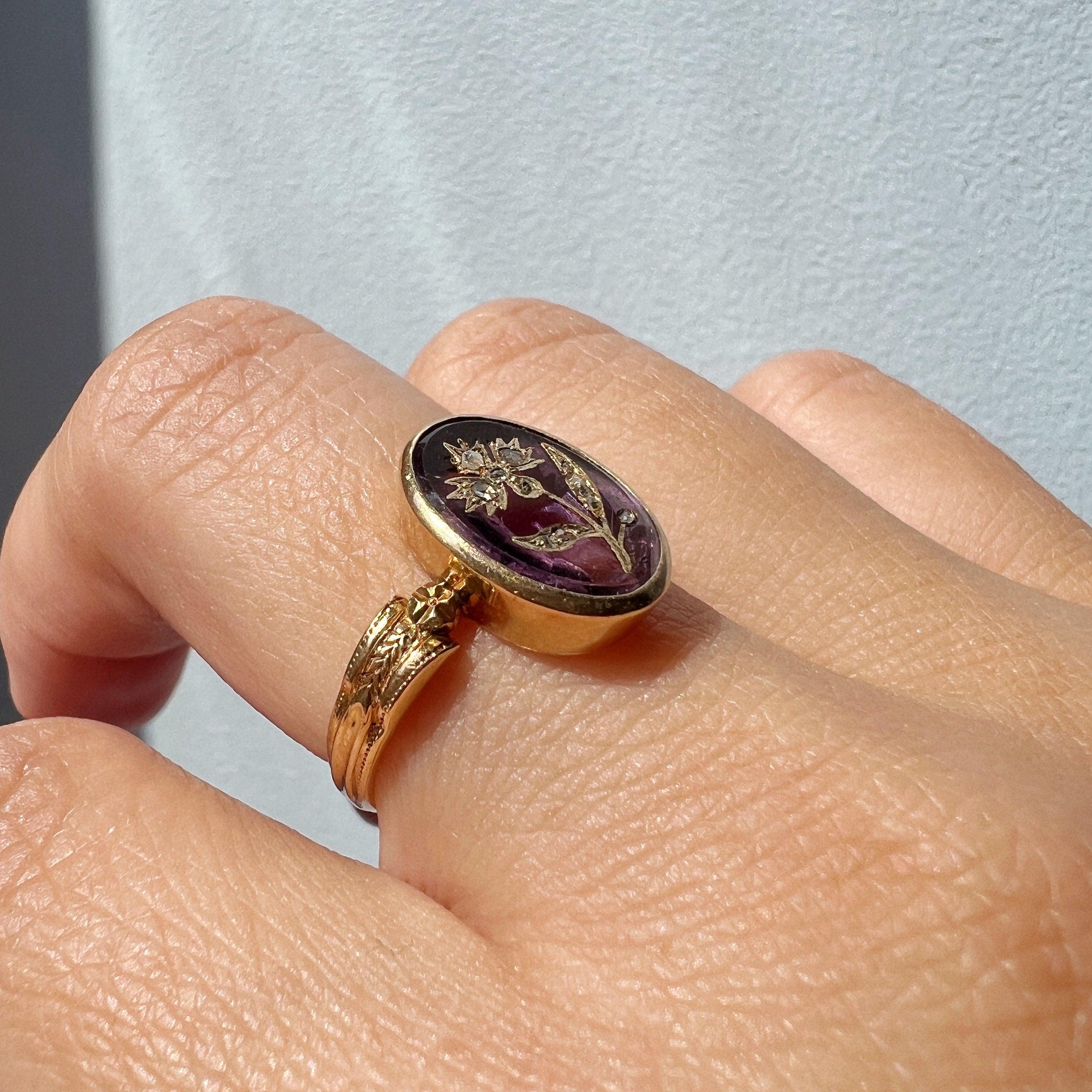 Rare Victorian era 18K gold amethyst diamond "Rose of Sharon" flower ring - Curiously timeless