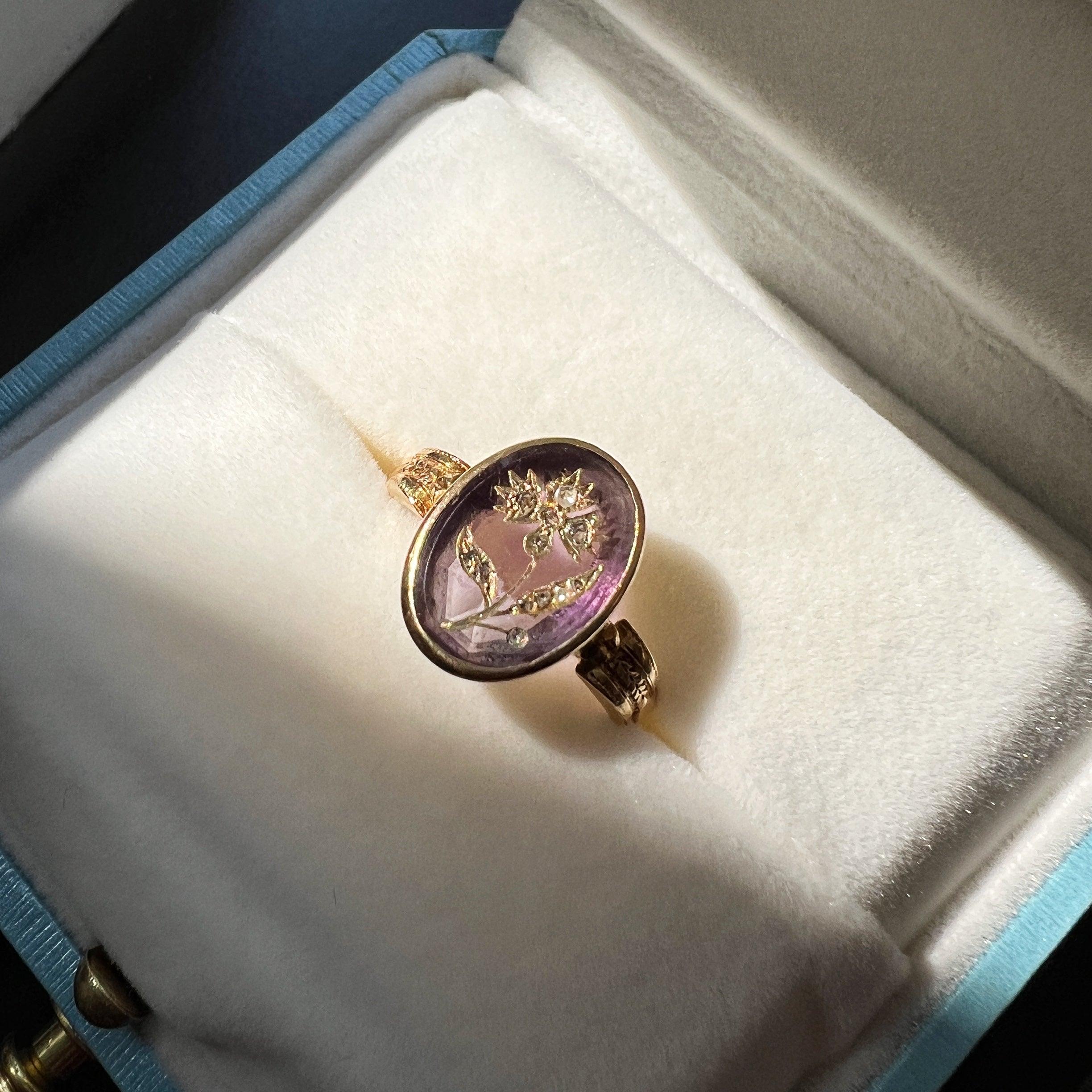 Rare Victorian era 18K gold amethyst diamond "Rose of Sharon" flower ring - Curiously timeless