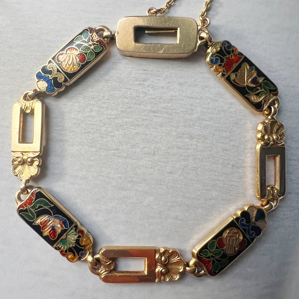 Antique 18K gold double sided polychrome enamel and shell bracelet