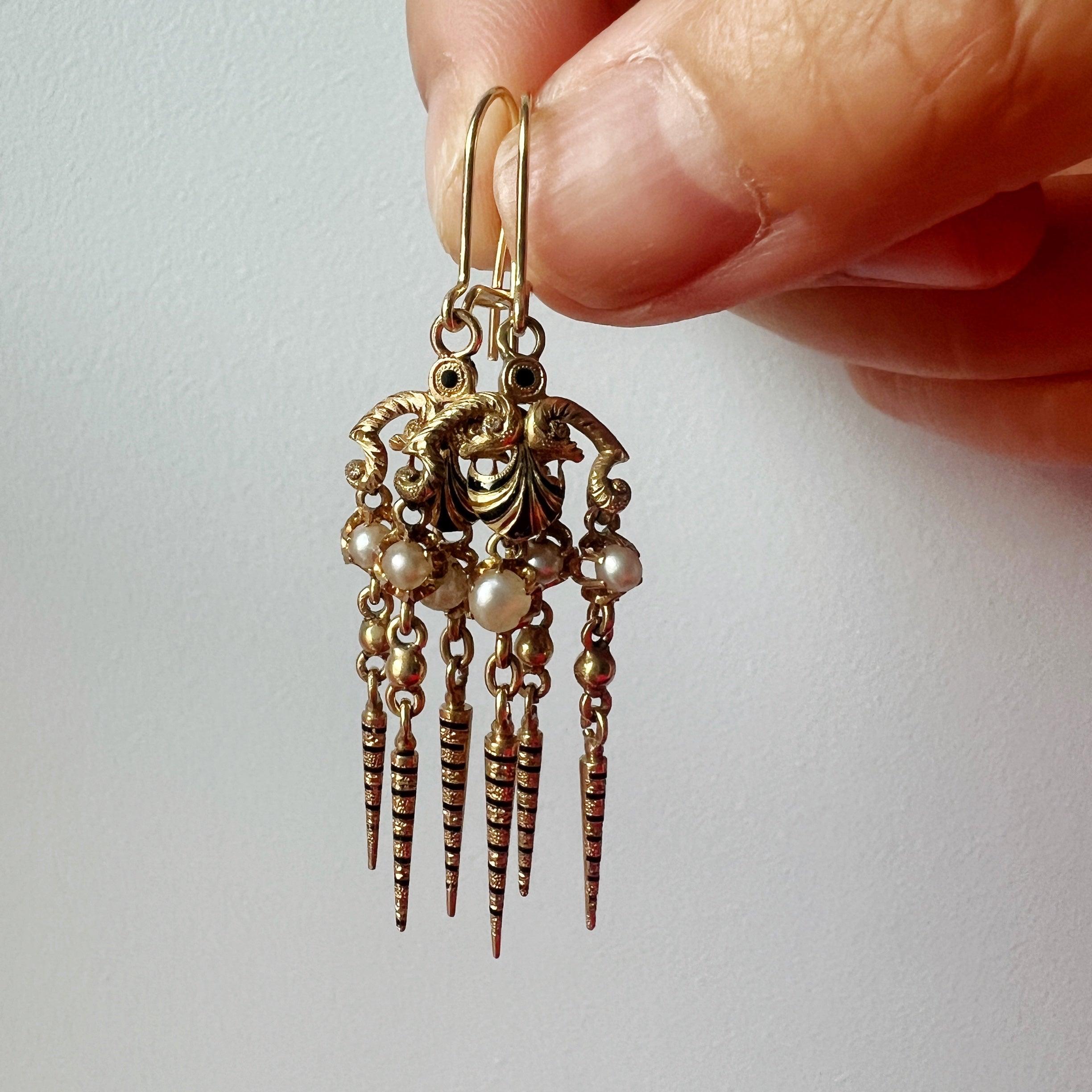 Victorian era 18K gold natural pearl black enamel fringe earrings - Curiously timeless