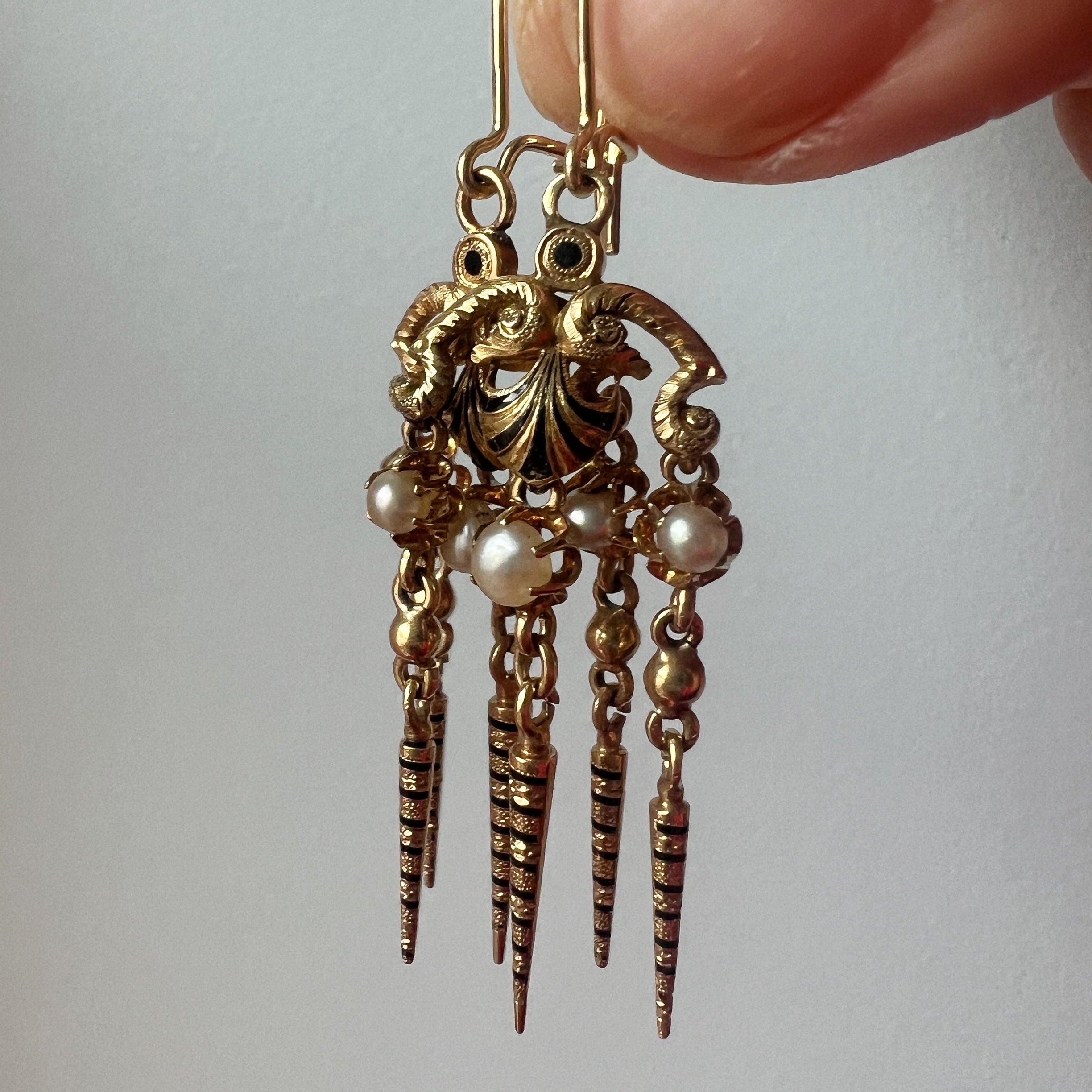 Victorian era 18K gold natural pearl black enamel fringe earrings - Curiously timeless