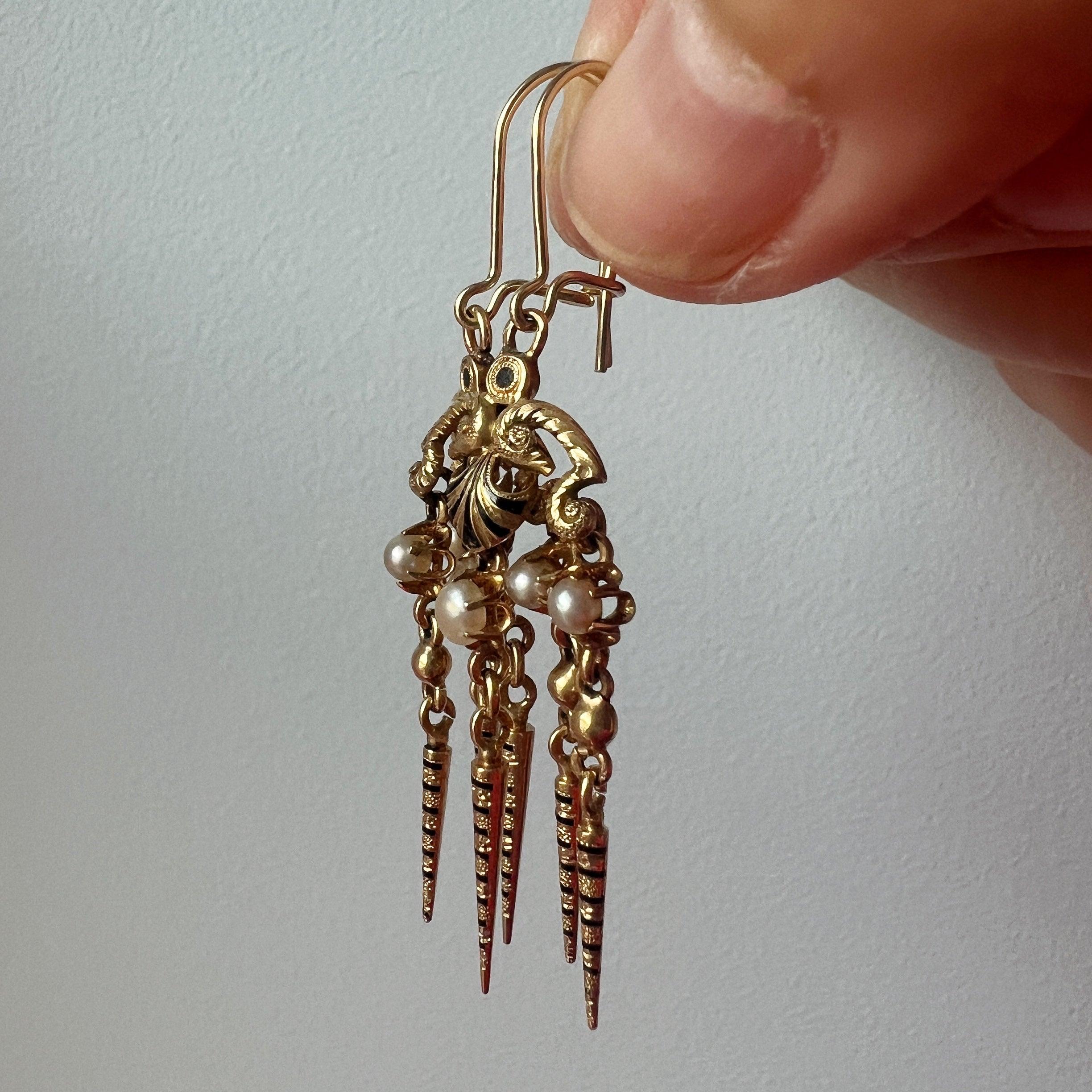 Victorian era 18K gold natural pearl black enamel fringe earrings - Curiously timeless