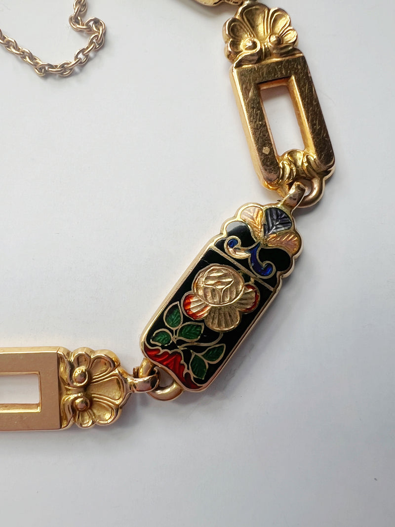 Antique 18K gold double sided polychrome enamel and shell bracelet