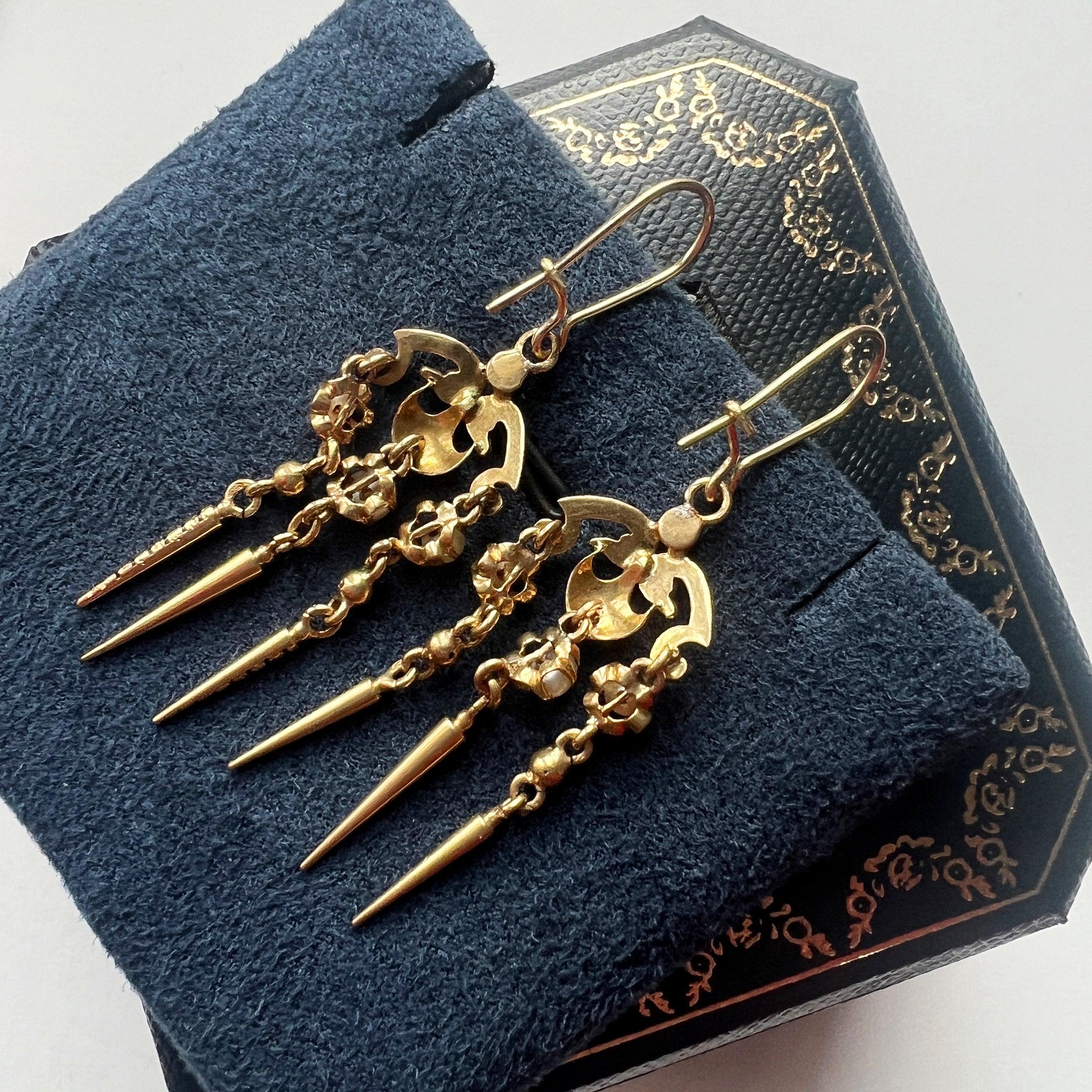 Victorian era 18K gold natural pearl black enamel fringe earrings - Curiously timeless