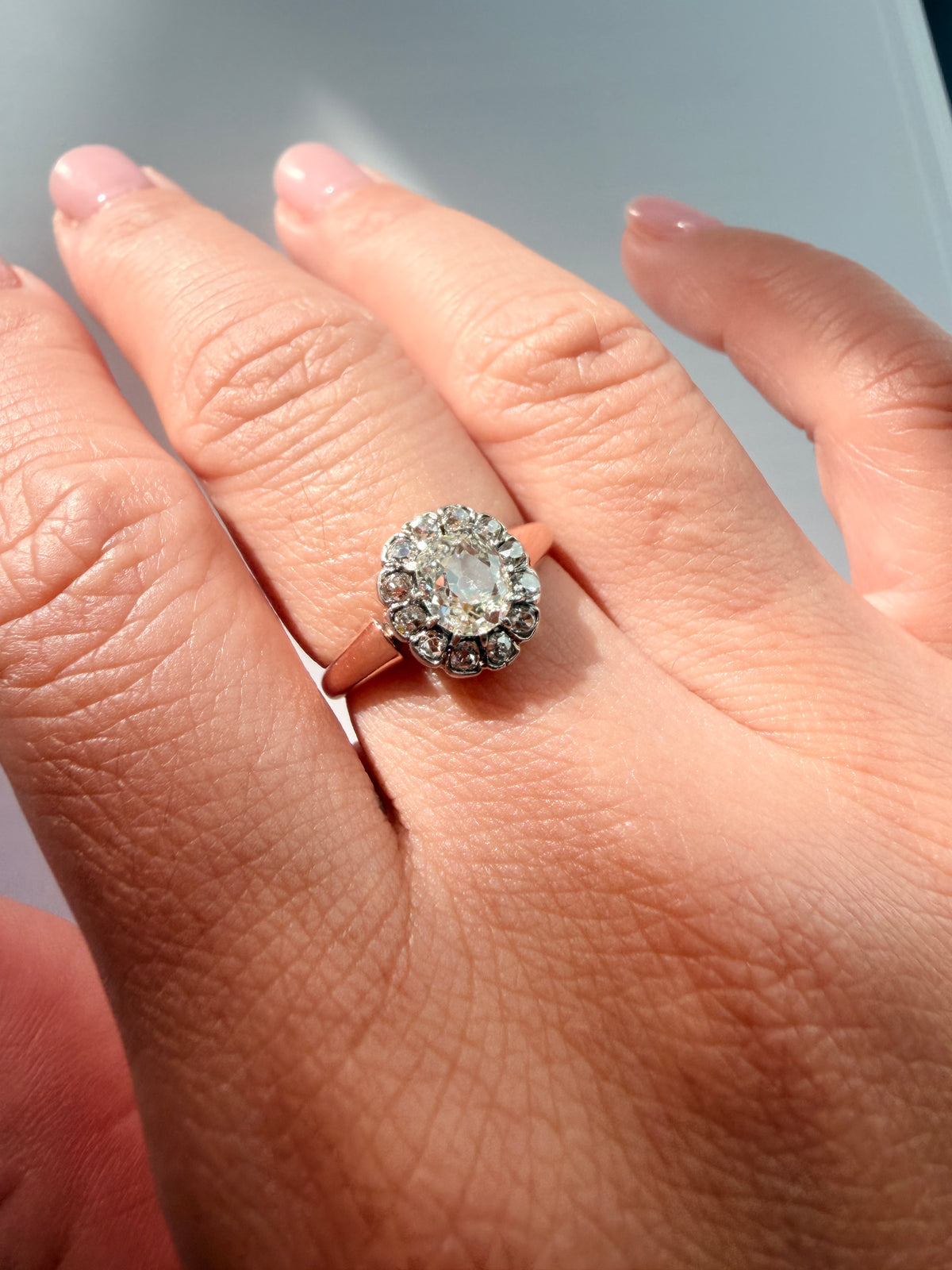Antique 18K Rose Gold 1.4ct Old Mine Cut Diamond Ring