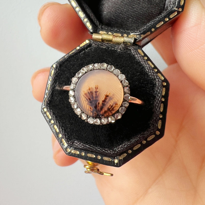 Antique 18K gold dendritic agate diamond ring