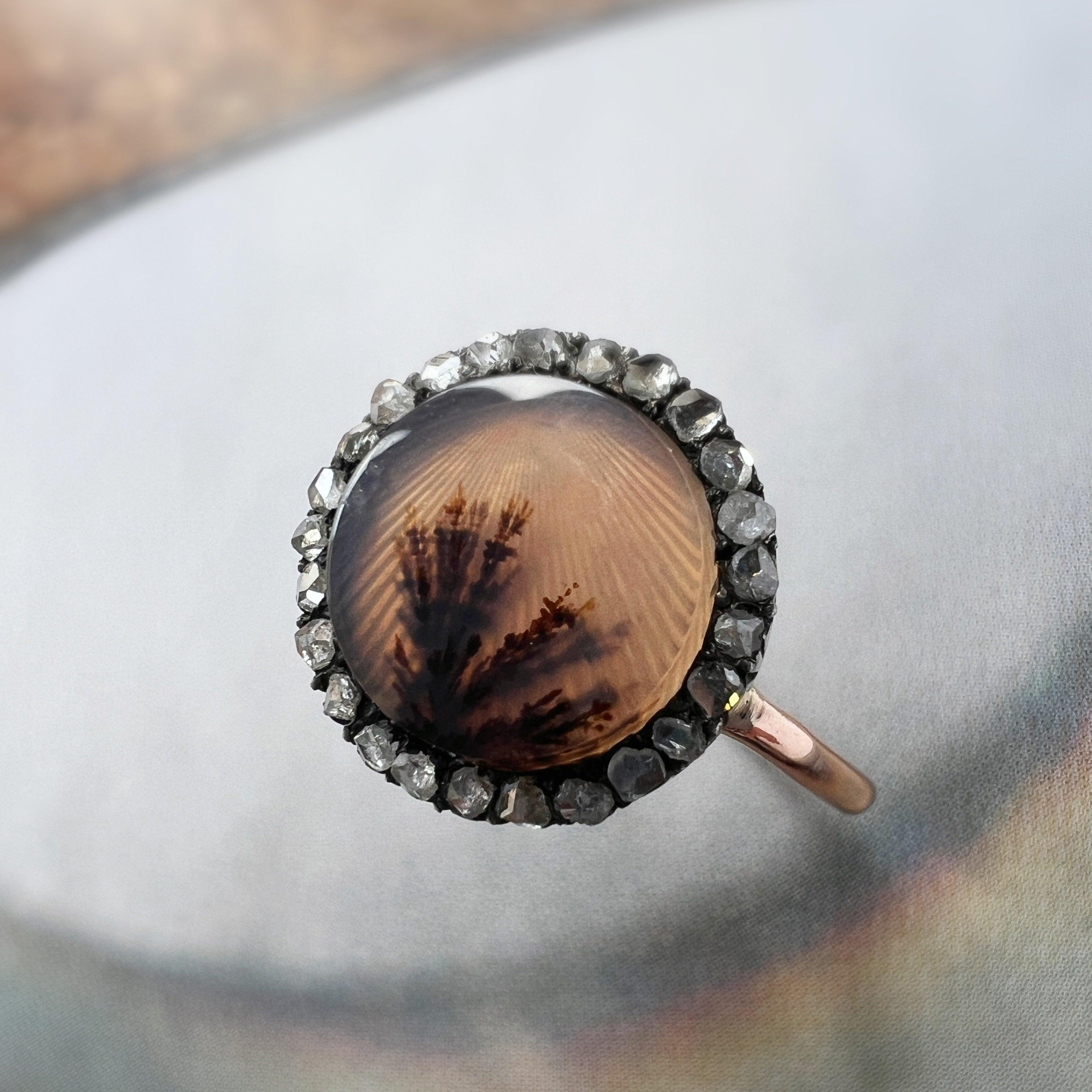 Antique 18K gold dendritic agate diamond ring - Curiously timeless