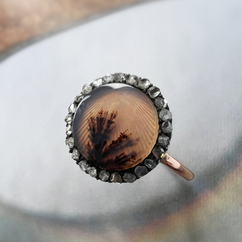 Antique 18K gold dendritic agate diamond ring