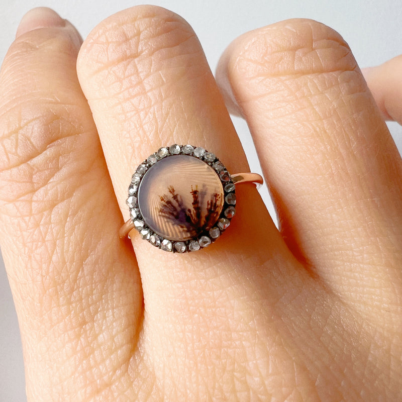 Antique 18K gold dendritic agate diamond ring