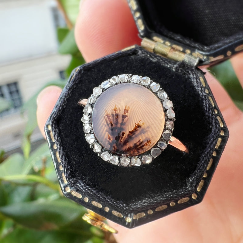 Antique 18K gold dendritic agate diamond ring