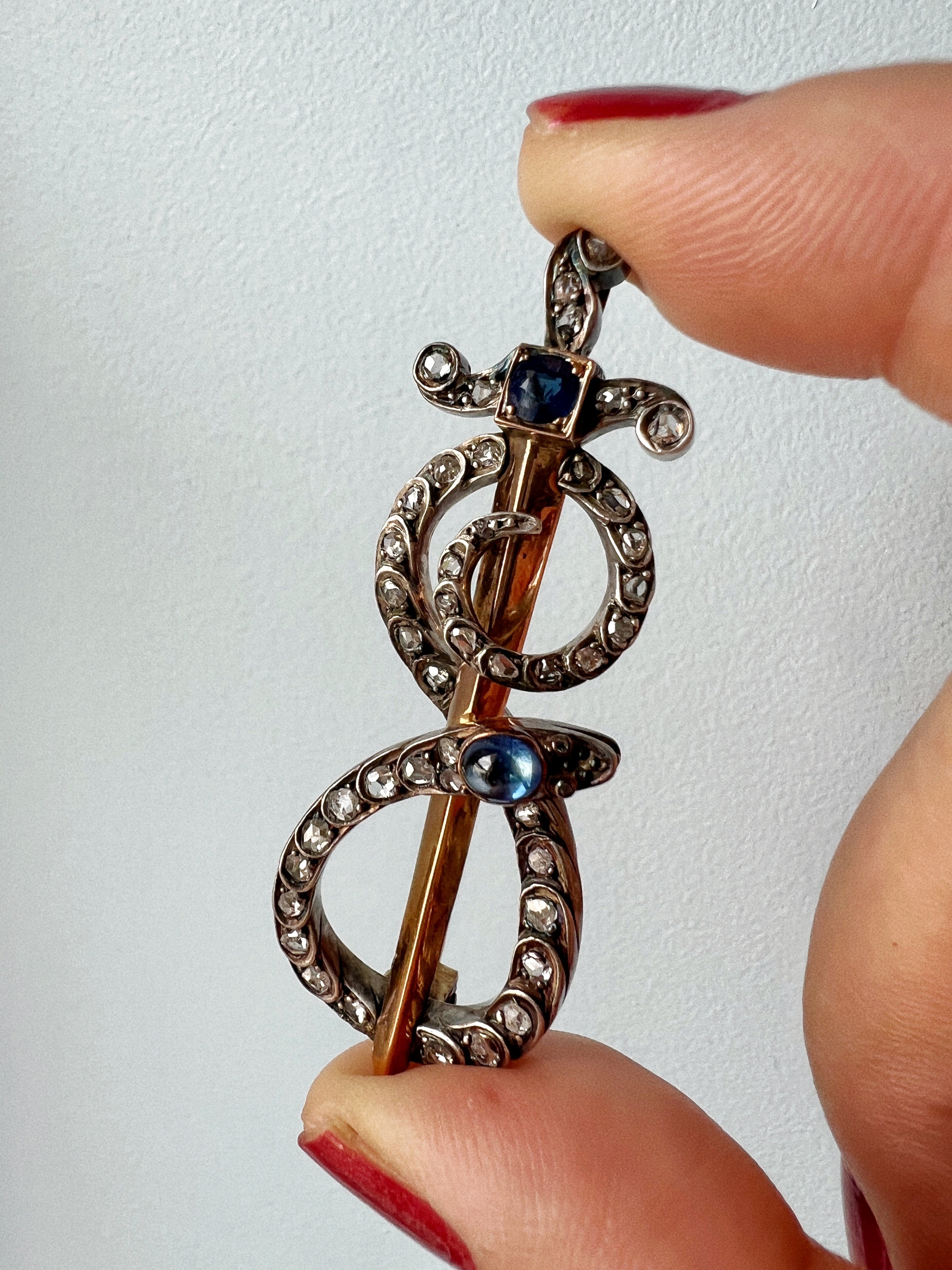 Victorian 18K gold diamond sapphire snake sword brooch pendant