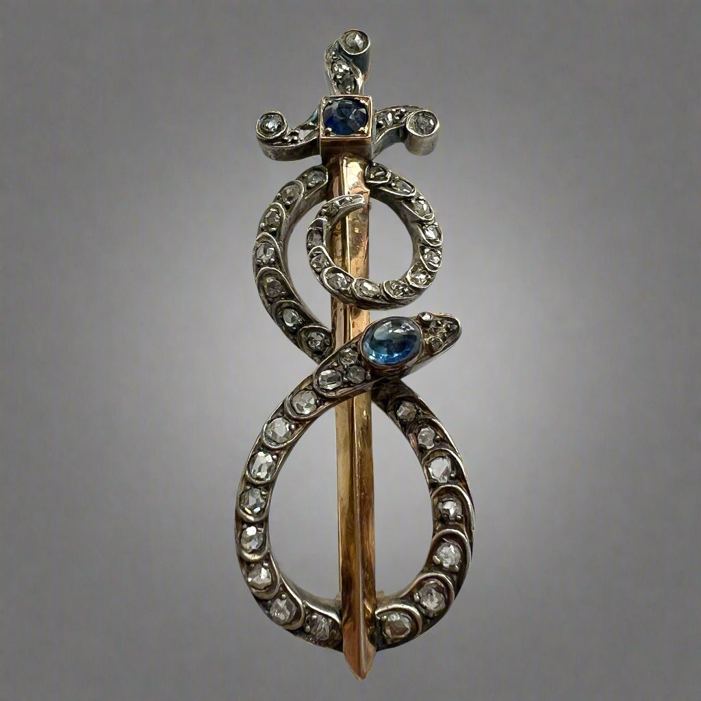 Antique Victorian era 18K gold snake sword brooch pendant