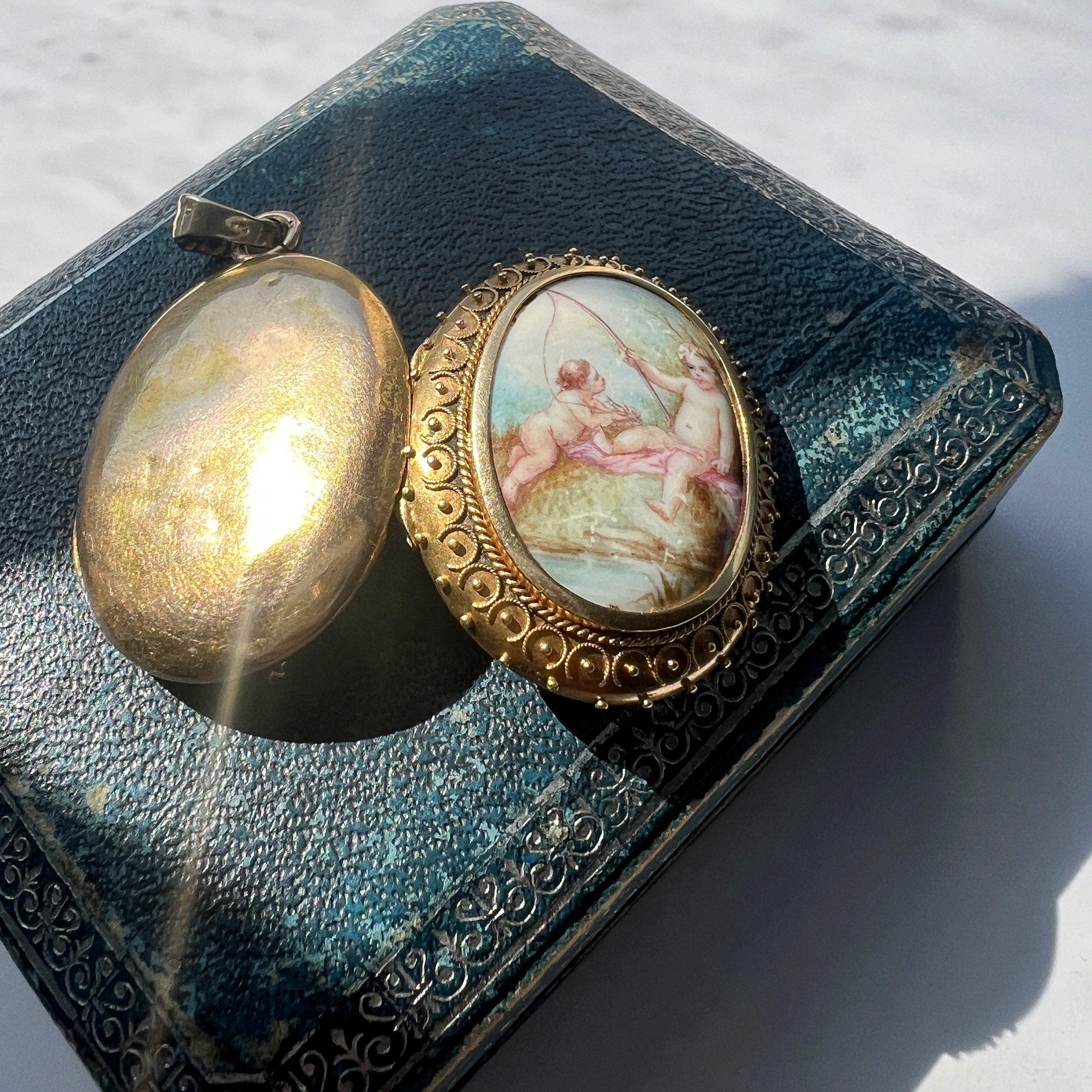 Reserved for A - Victorian era 18K gold enamel cherubs photo locket pendant - Curiously timeless