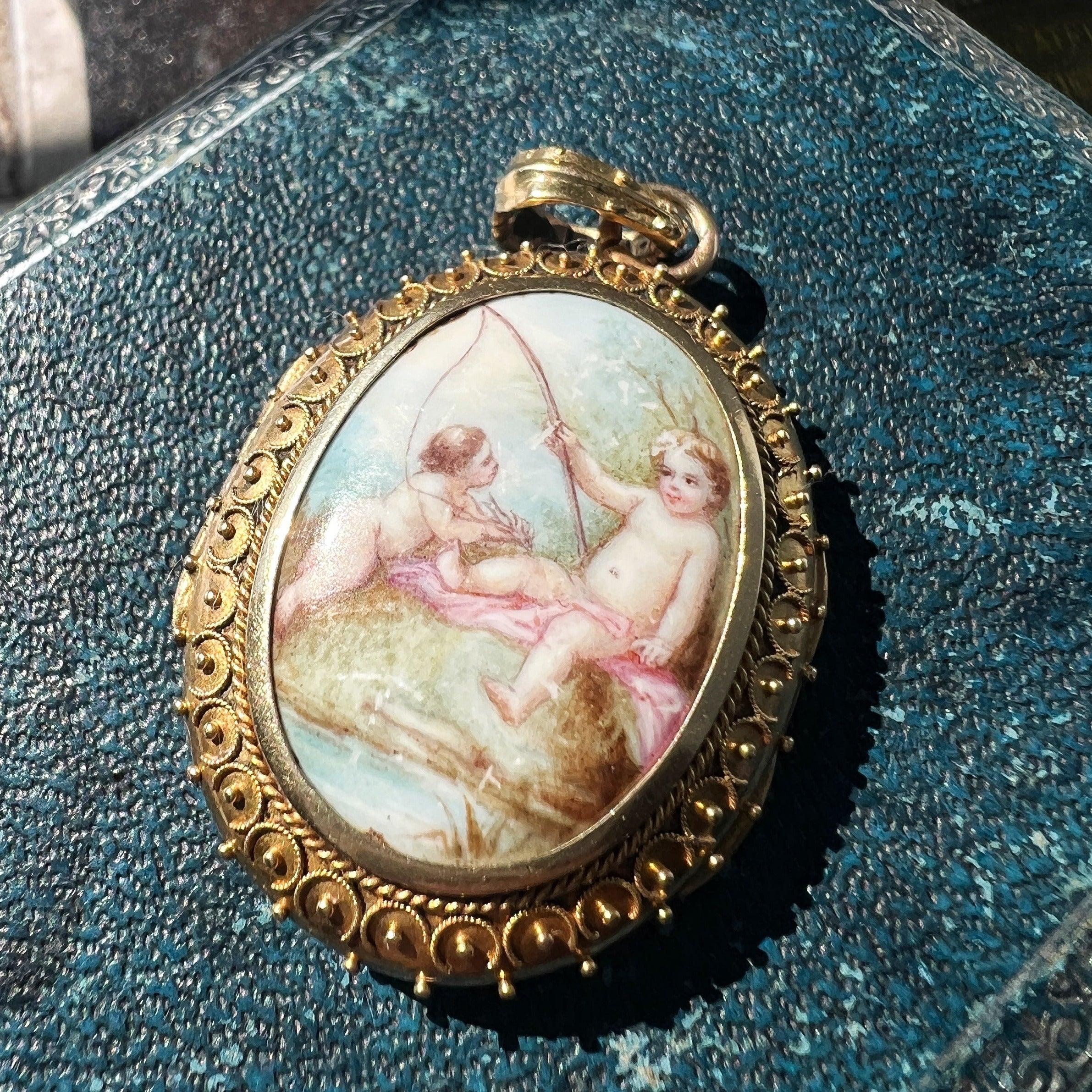 Reserved for A - Victorian era 18K gold enamel cherubs photo locket pendant - Curiously timeless