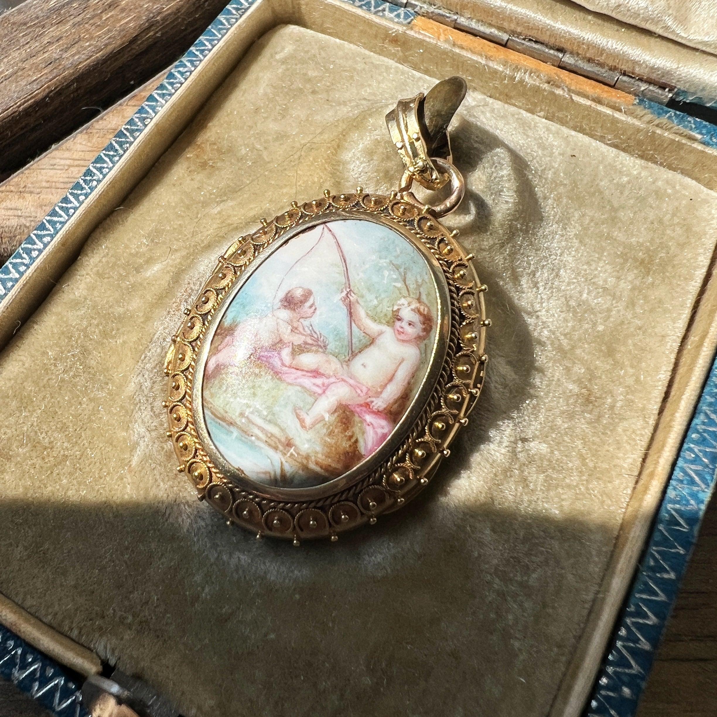 Reserved for A - Victorian era 18K gold enamel cherubs photo locket pendant - Curiously timeless