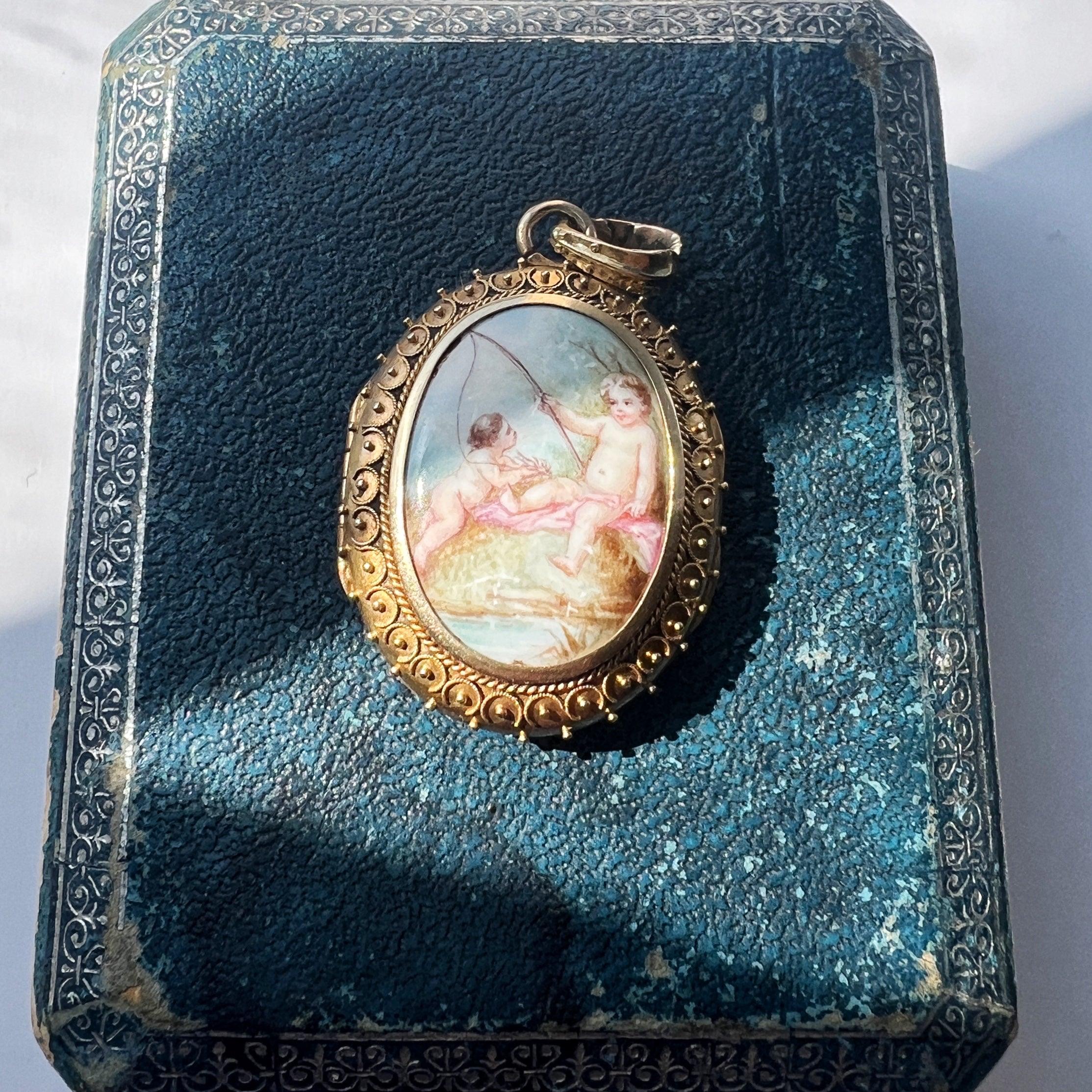 Reserved for A - Victorian era 18K gold enamel cherubs photo locket pendant - Curiously timeless