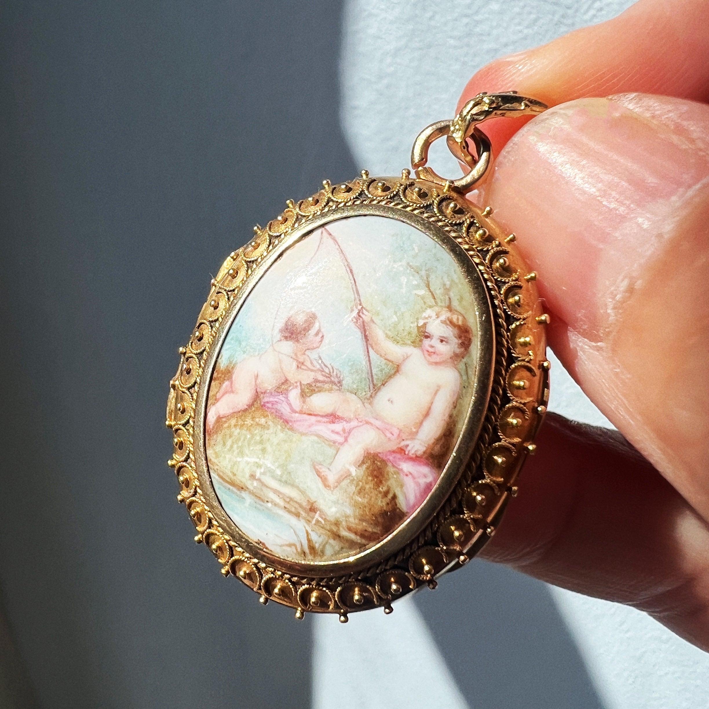 Reserved for A - Victorian era 18K gold enamel cherubs photo locket pendant - Curiously timeless