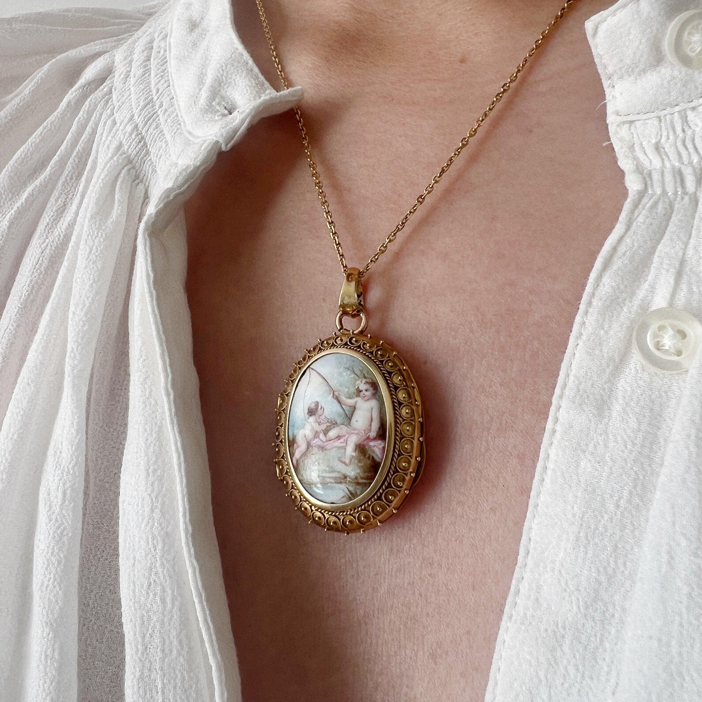 Reserved for A - Victorian era 18K gold enamel cherubs photo locket pendant - Curiously timeless