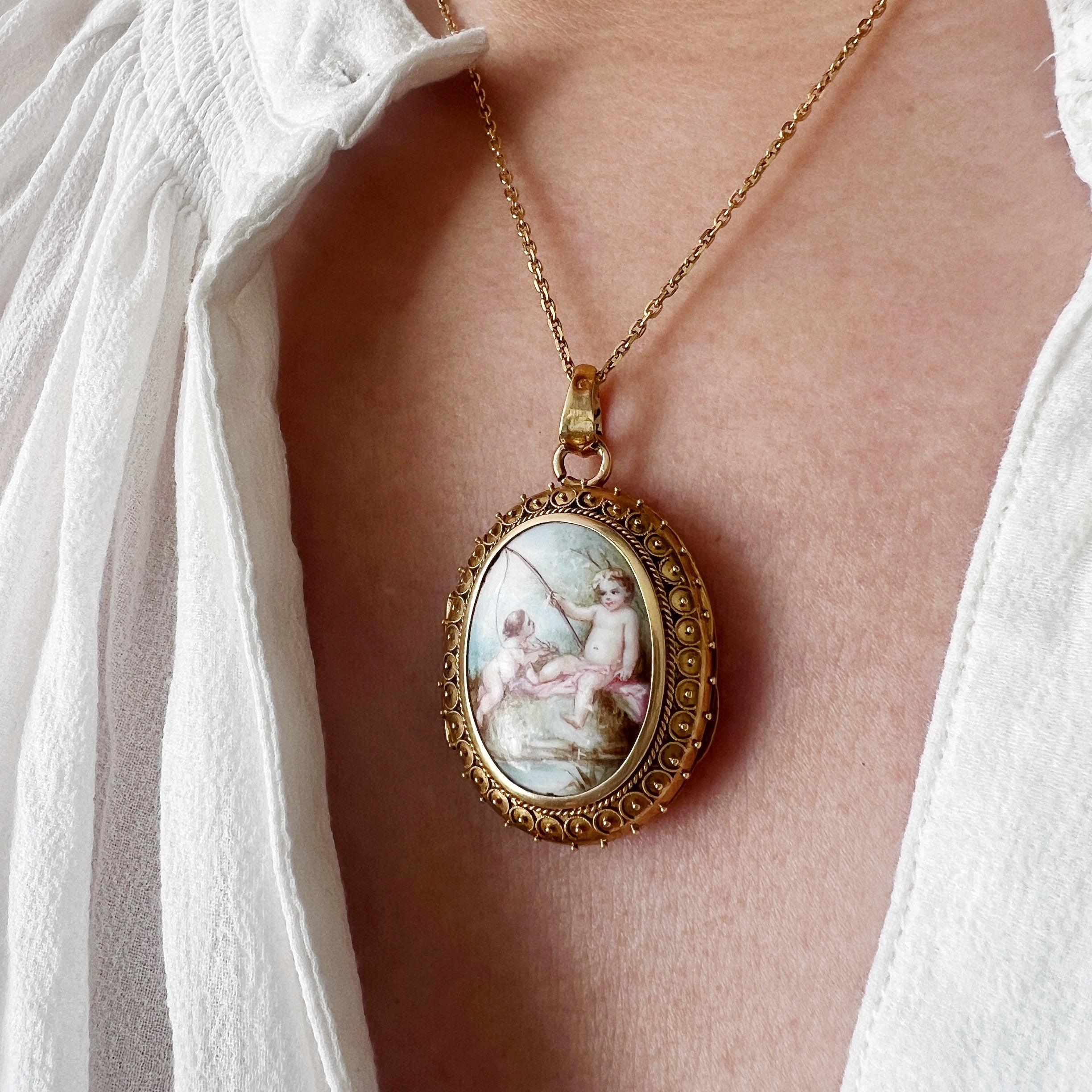 Reserved for A - Victorian era 18K gold enamel cherubs photo locket pendant - Curiously timeless