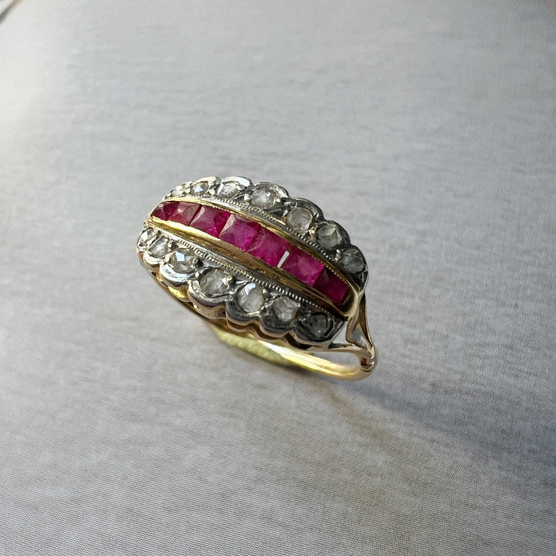 Art Deco 18K gold diamond and ruby band ring