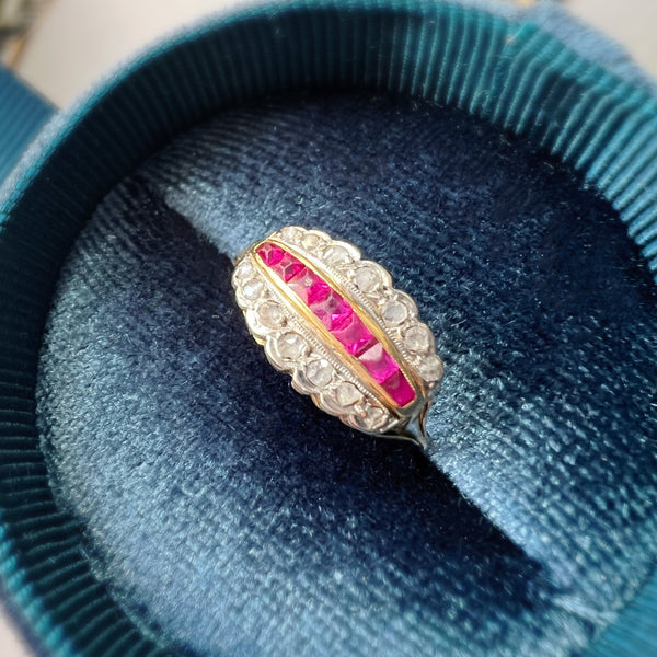 Art Deco 18K gold diamond and ruby band ring