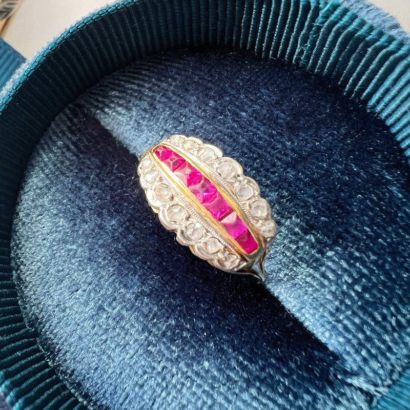 Art Deco 18K gold diamond and ruby band ring