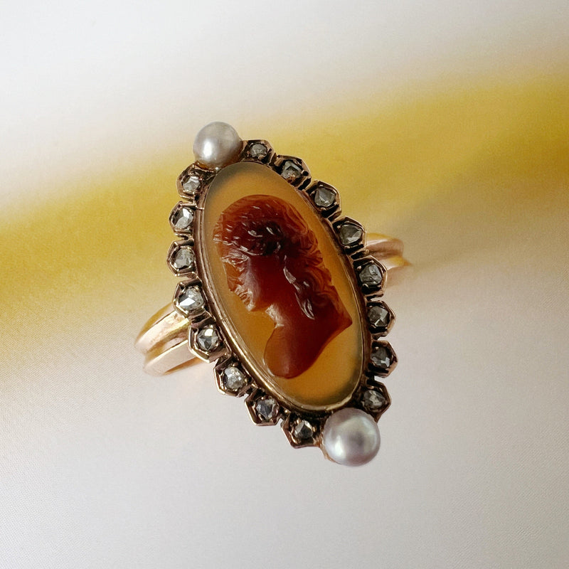 Victorian 18K gold agate cameo diamond pearl ring