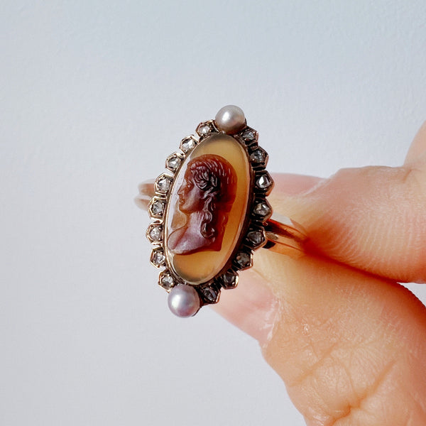 Victorian 18K gold agate cameo diamond pearl ring