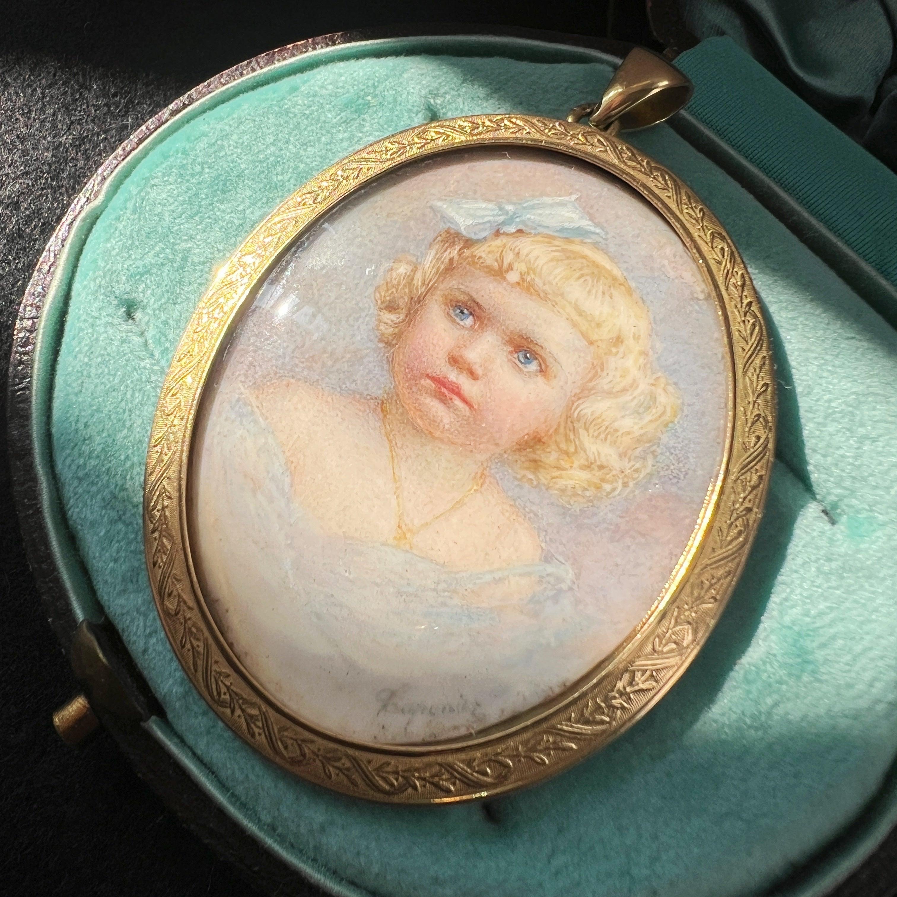 Victorian 18K gold child girl miniature portrait pendant - Curiously timeless