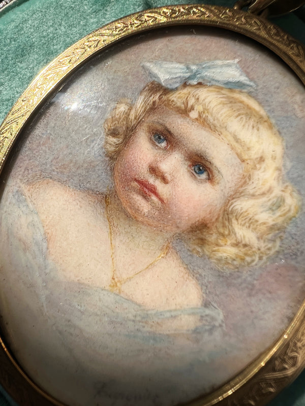 Victorian 18K gold child girl miniature portrait pendant