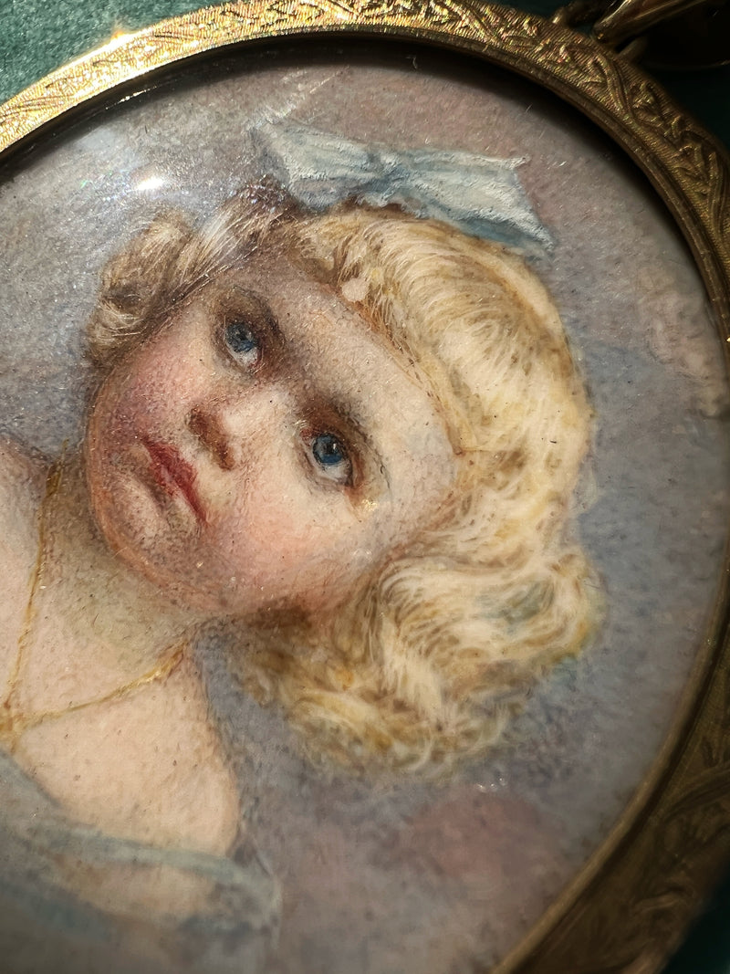 Victorian 18K gold child girl miniature portrait pendant