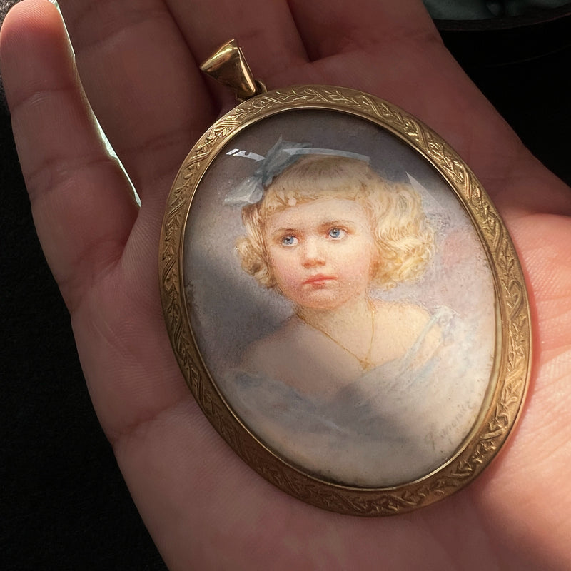 Victorian 18K gold child girl miniature portrait pendant