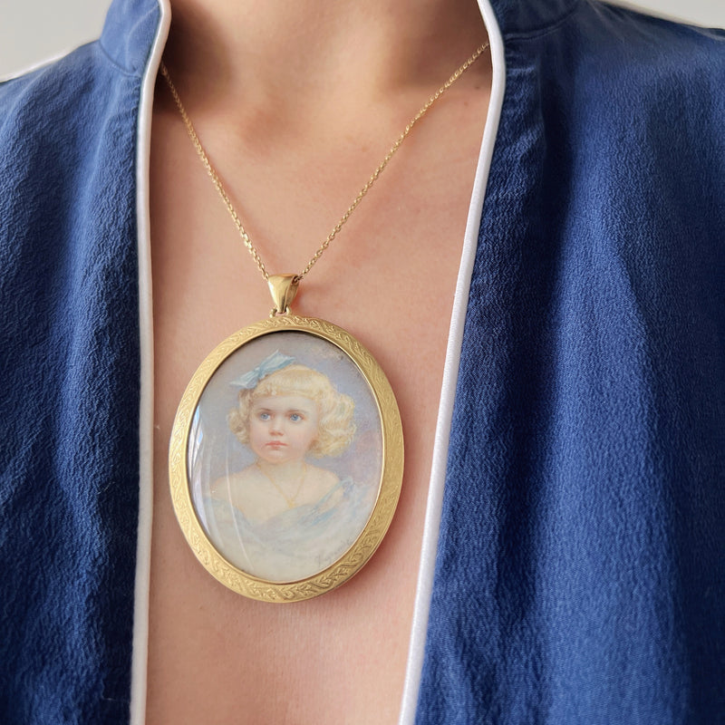 Victorian 18K gold child girl miniature portrait pendant