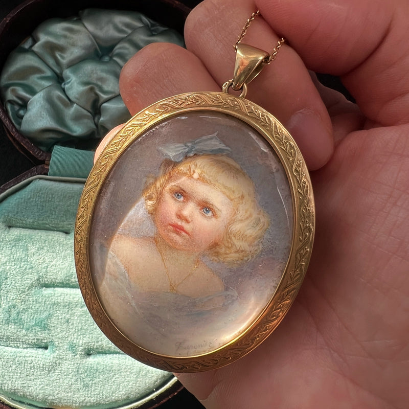 Victorian 18K gold child girl miniature portrait pendant